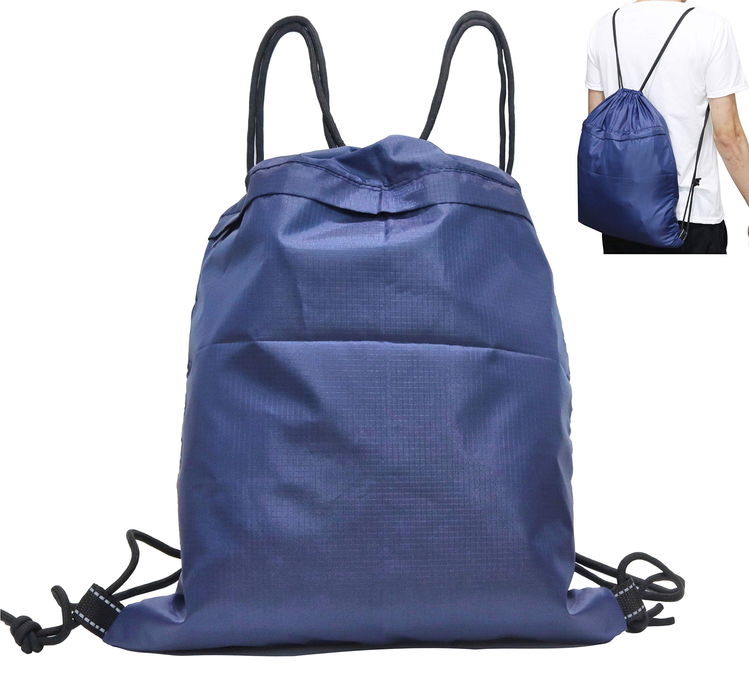 Dhana Style Drawstring Gym Sack Bag - Lightweight Sports Backpack for Training, Swimming & Workouts with Front Zipper Pocket - Unisex Design for Men, Women & Teens (Navy Blue) | Perfect for Gym, Yoga, Beach & Travel Essentials