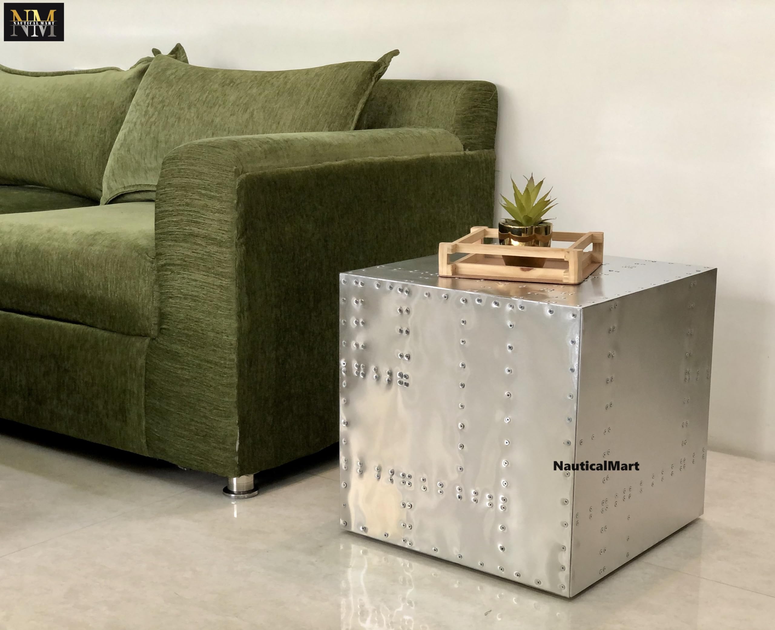 14 Inch Aluminum Cube Industrial End Table - Modern Metal Crate Coffee Table with Urban Aviator Design for Living Room, Office & Dorm (Silver)