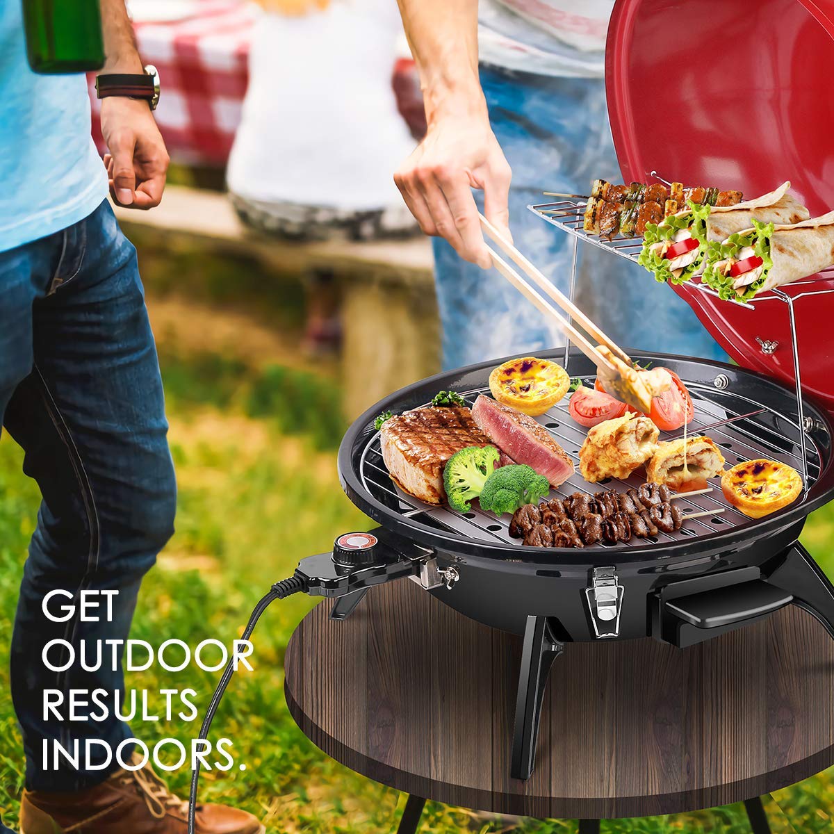 Techwood 1600W Electric BBQ Grill - Indoor & Outdoor Portable Countertop Grill with Double Layer Design & Removable Stand - Perfect for Patio, Camping, and Backyard BBQs (15-Serving Capacity)