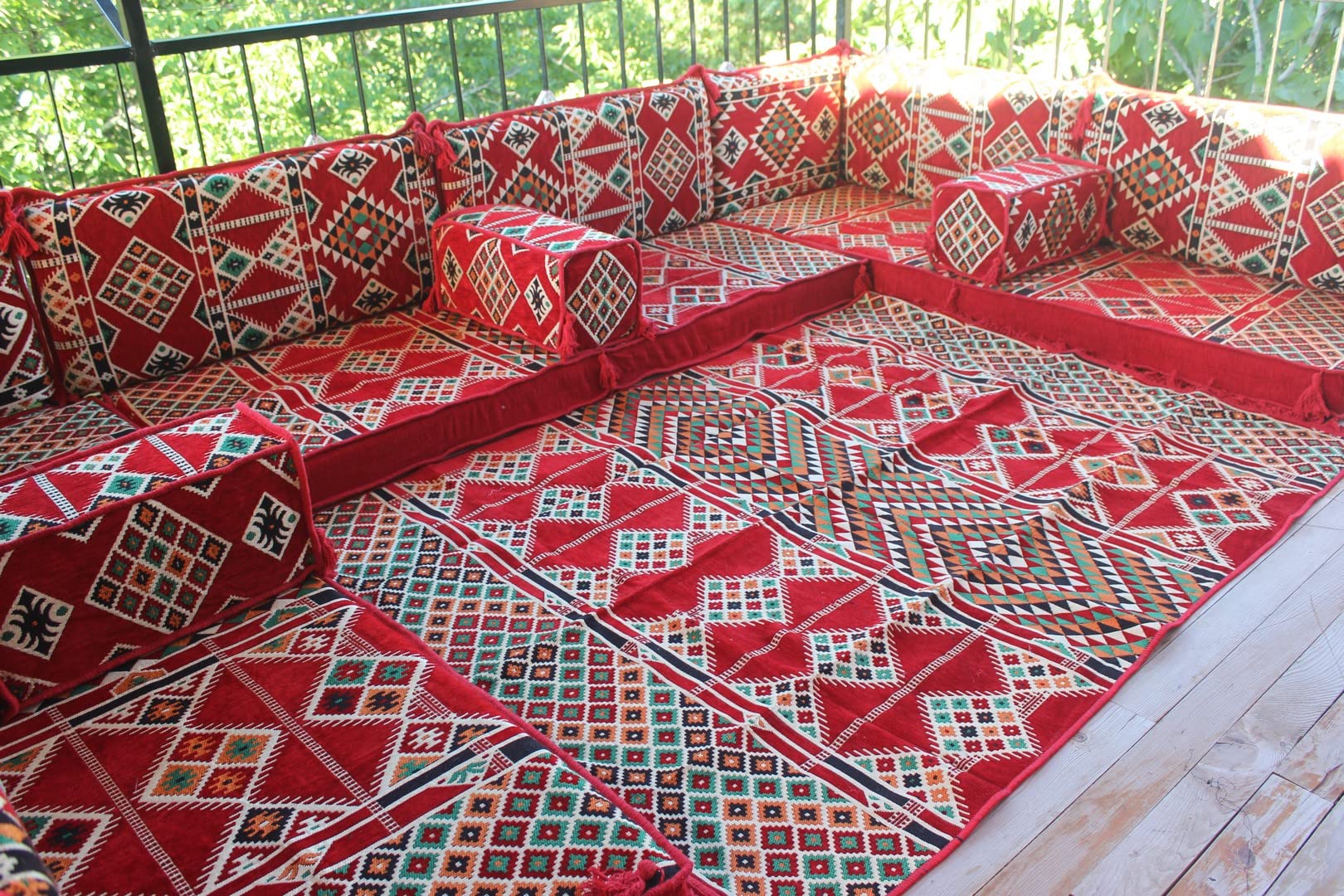 U-Shaped Floor Sofa Set - Red Modular Sectional Cushions for Living Room, Bedroom & Outdoor Patio Furniture | Oriental Decor Bench Sofa with Comfortable Floor Seating