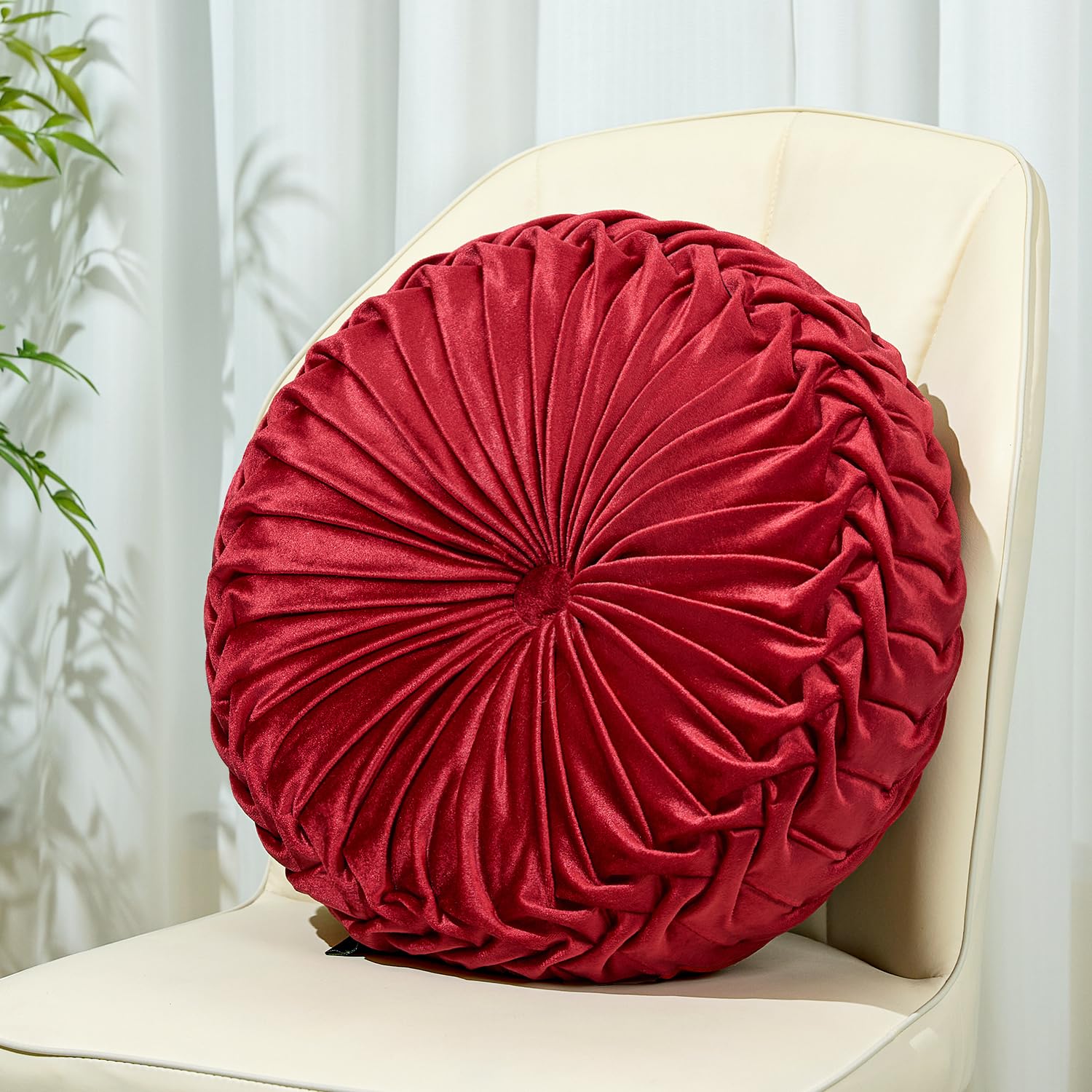 Velvet Round Throw Pillow - 15.7'' Burgundy Pleated Floor Cushion for Couch, Chair & Home Decor | Soft Seating Pillow for Living Room, Bedroom & Nursery