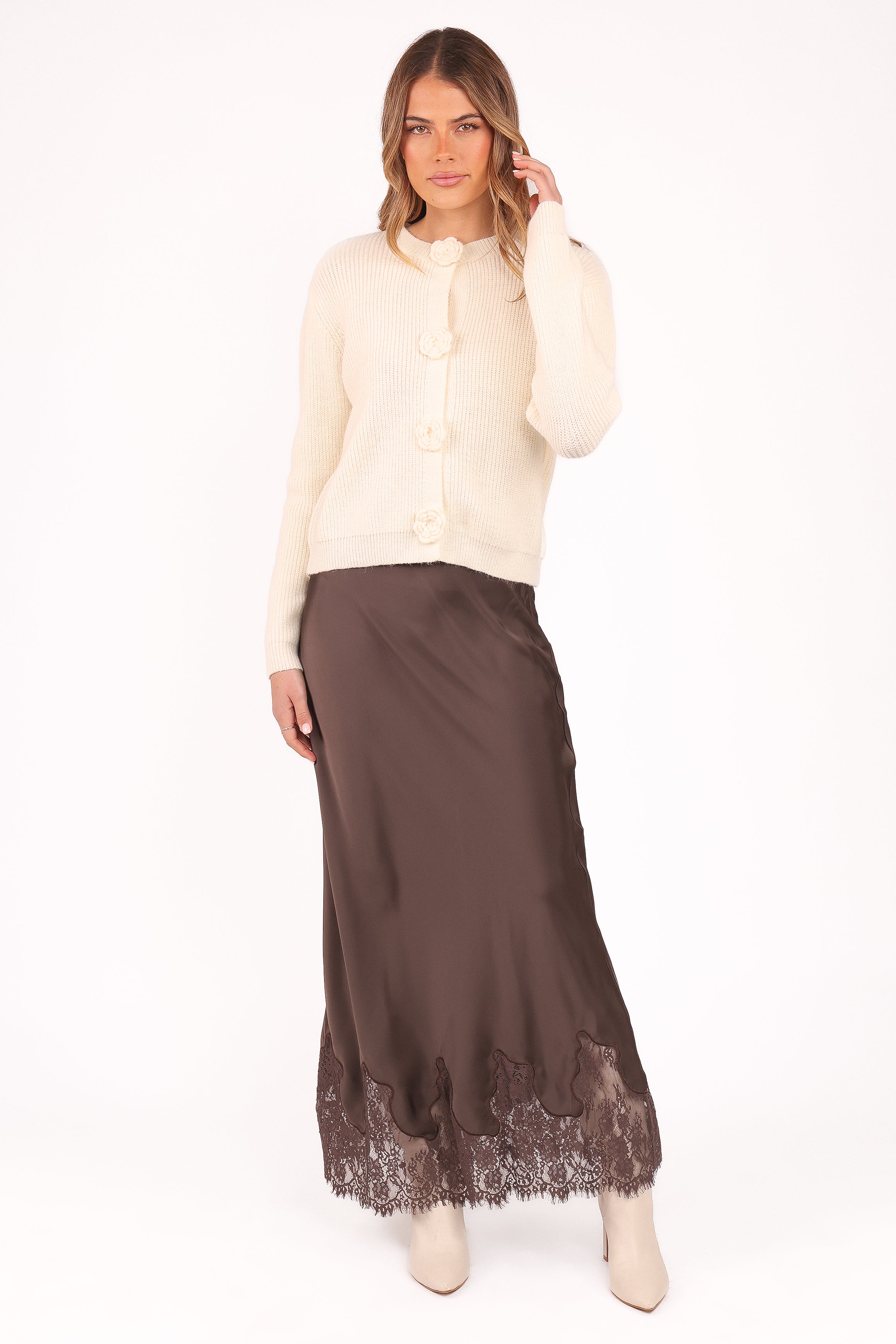 Stylish Alira Lace Trim Midi Skirt in Brown - Perfect for Casual Outings, Date Nights & Summer Fashion