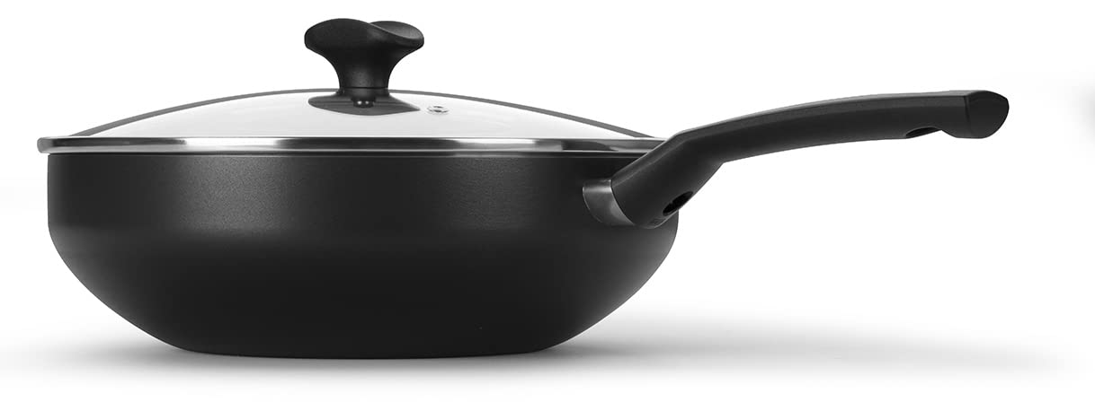 28cm Multiflon Non-Stick Wok Pan with Glass Lid - Black Matte Amora Line Aluminum Frying Pan for Stir Fry, Sauteing & Asian Cooking