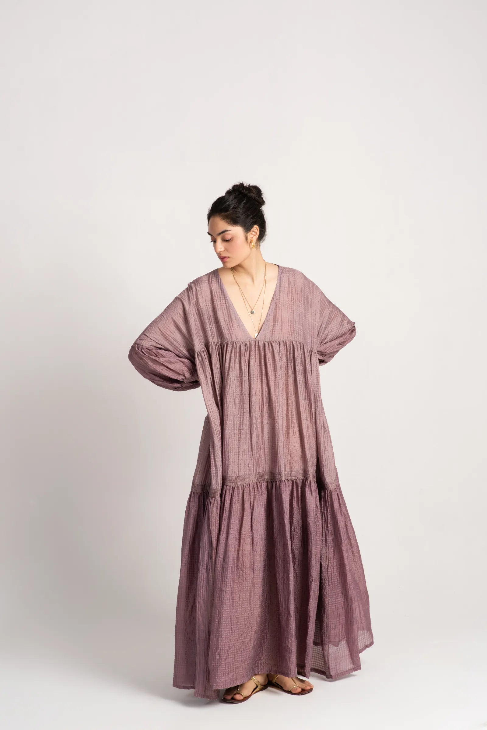 Phillauri Silk Check Dress in Dusty Mauve - Elegant & Comfortable for Weddings, Parties & Special Occasions