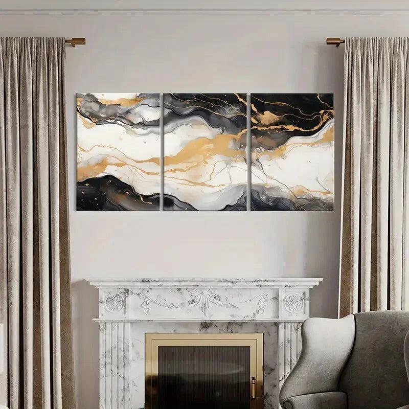 3-Piece Abstract Art Golden Black White Metal Print Wall Decor - Ready to Hang Modern Canvas Art for Living Room, Bedroom & Office Decor