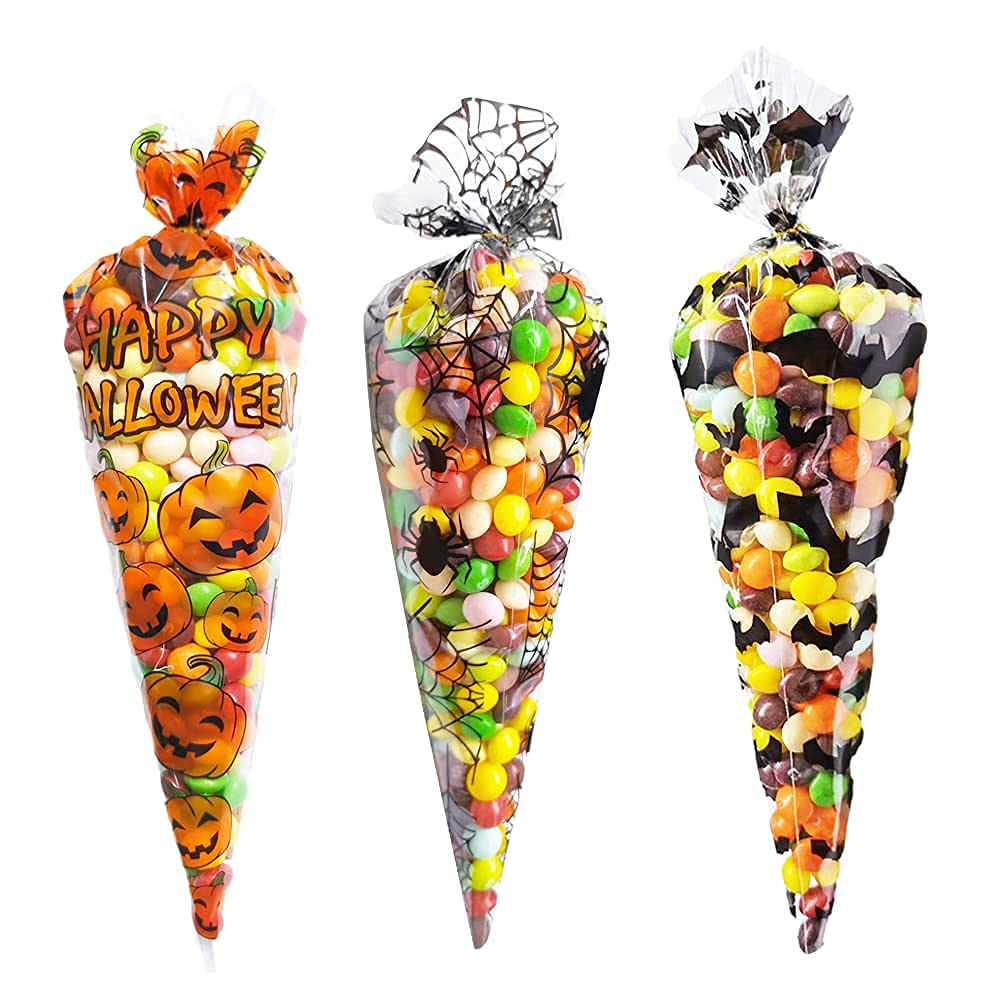 Halloween Candy Cone Bags 150Pc - Bat, Spider Web & Pumpkin Themed Cellophane Treat Bags with Twist Ties | Perfect for Trick-or-Treating, Party Favors & Classroom Treats