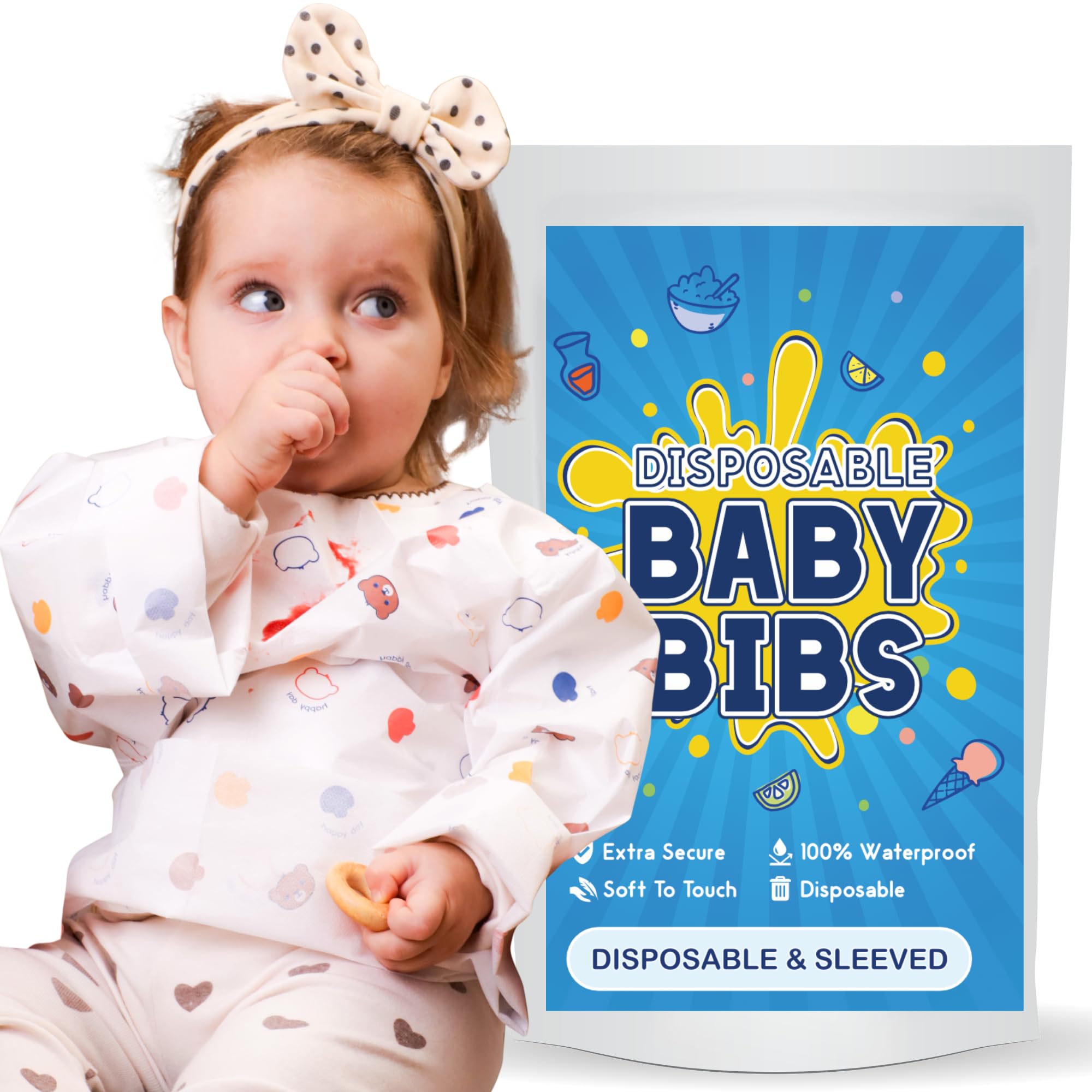 Waterproof Disposable Baby Bibs with Long Sleeves & Crumb Catcher - Individually Wrapped 10 Pack for Messy Meals, Travel & Daycare Use