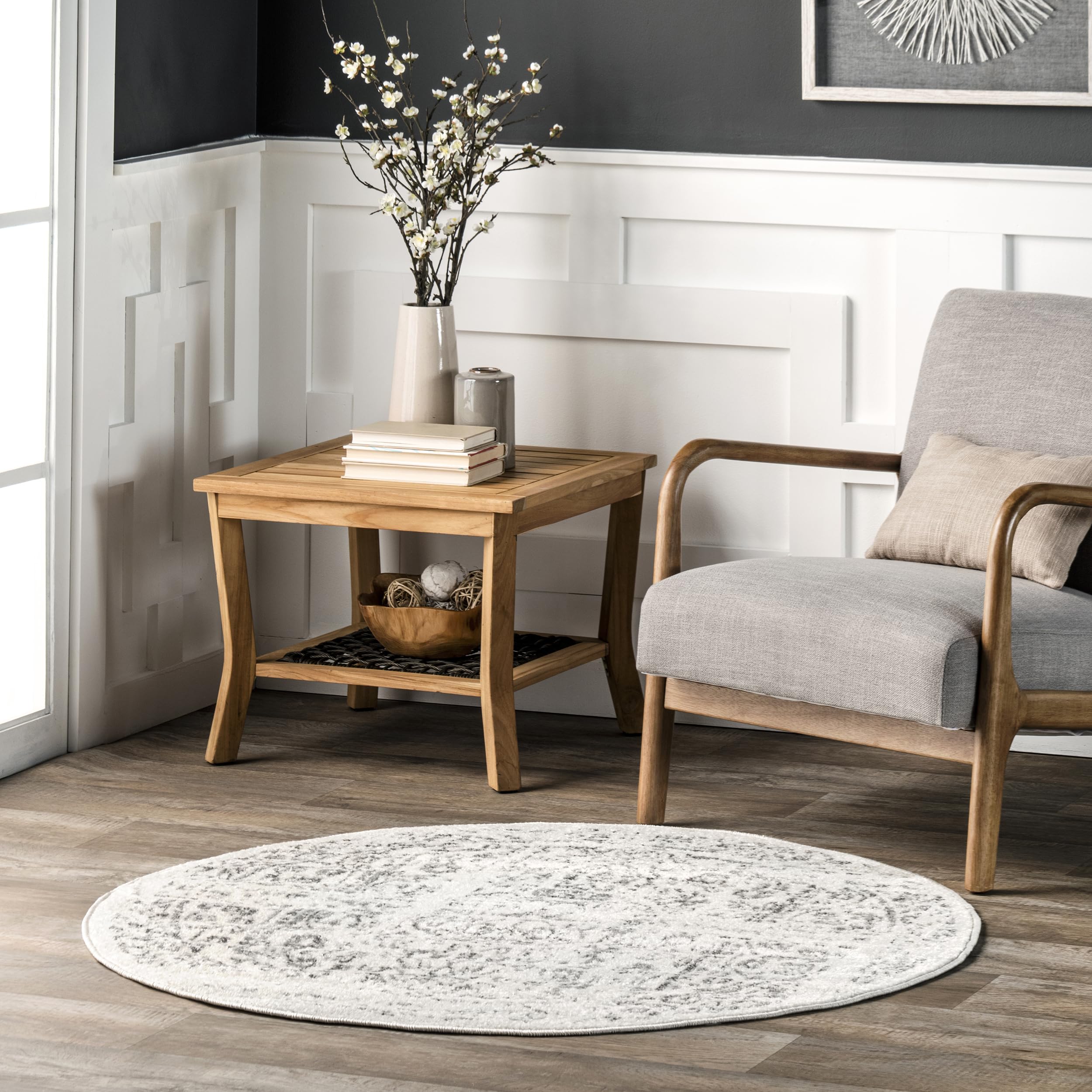 nuLOOM Arlena Vintage Traditional 5' Round Area Rug - Modern Grey/Ivory Contemporary Rug for Living Room, Bedroom, Dining Room & Kitchen | Soft Floor Covering for Home Decor & Cozy Spaces