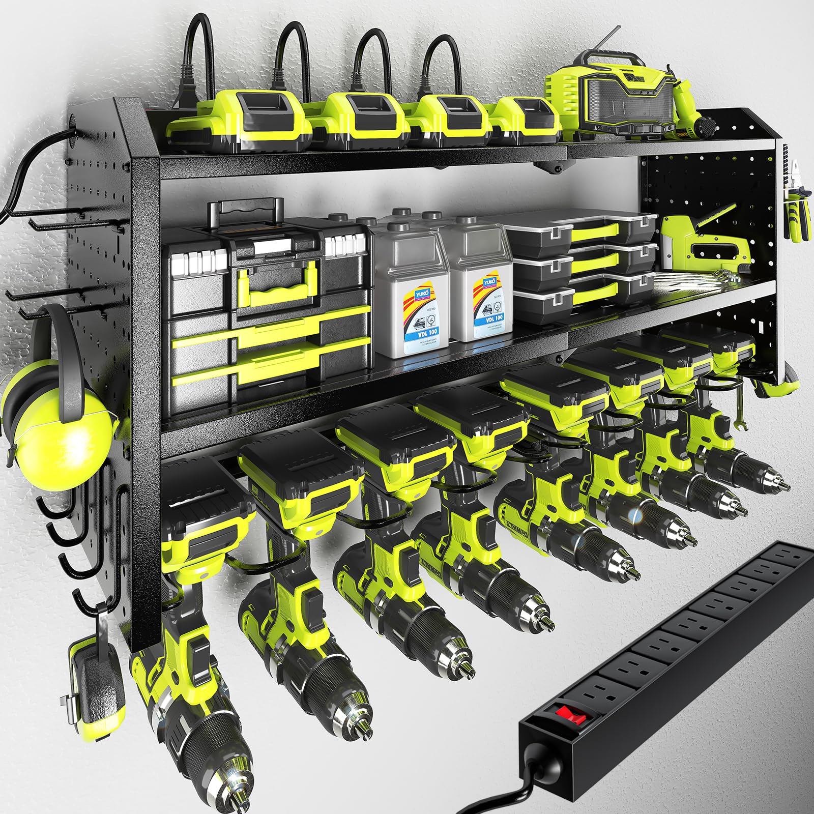 **KAFAHOM Heavy Duty Metal Power Tool Organizer with Charging Station - 8 Outlet Power Strip & 8 Drill Holder Wall Mount, Garage Storage Rack & Shelf for Workshop, DIY, and Home Improvement (Black)**