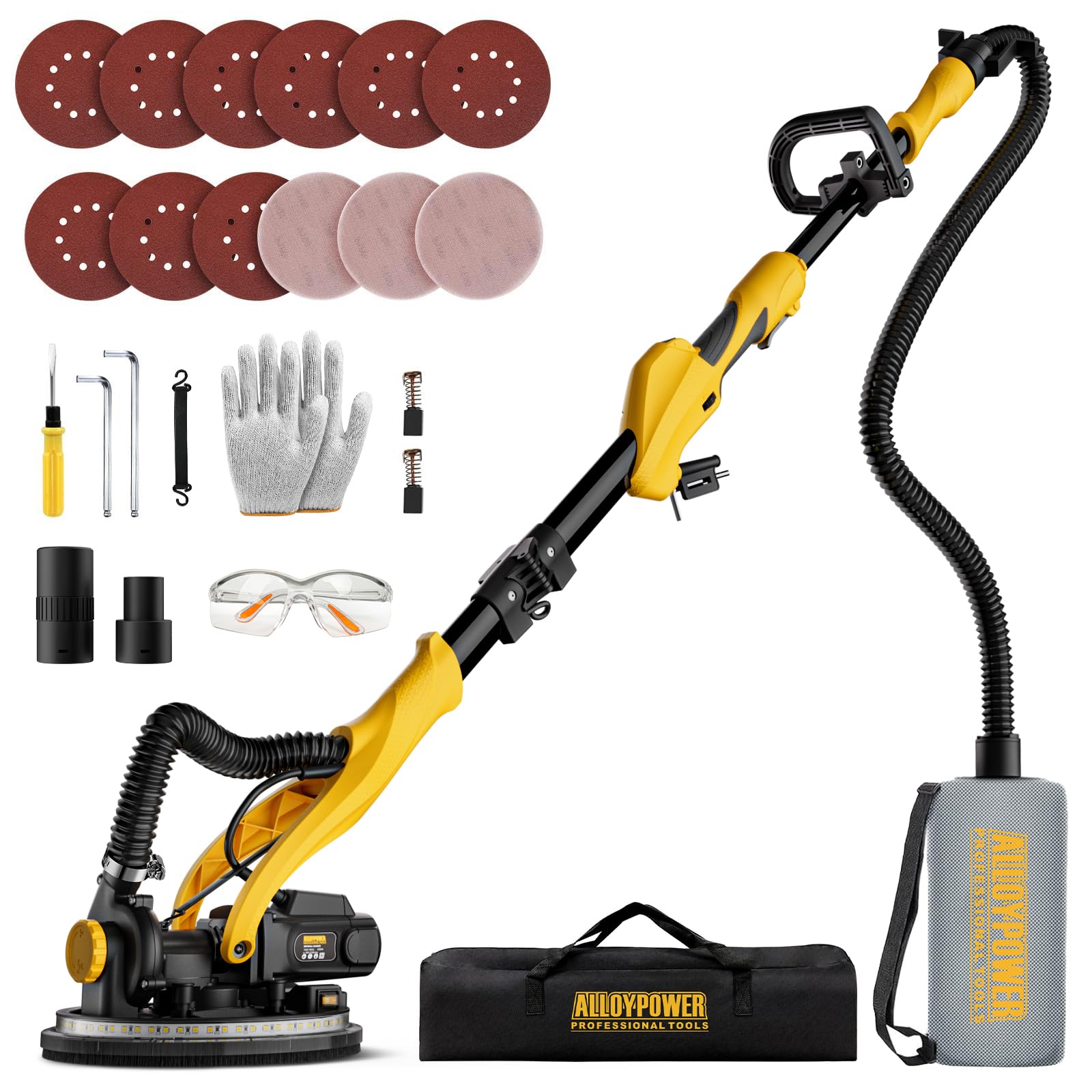 1050W Electric Drywall Sander with Vacuum Dust Collection | 2100RPM Wall Sander with 6 Speed Settings | Foldable Extendable Handle & LED Lights | Includes Dust Bag & Hose | Perfect for Home Renovation, Drywall Repair & Professional Construction Projects