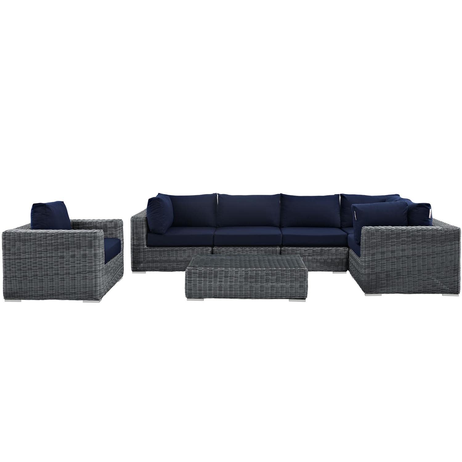 Modway Summon 7-Piece Outdoor Patio Sectional Sofa Set with Sunbrella Cushions in Navy Canvas - Perfect for Backyard, Poolside & Garden Relaxation