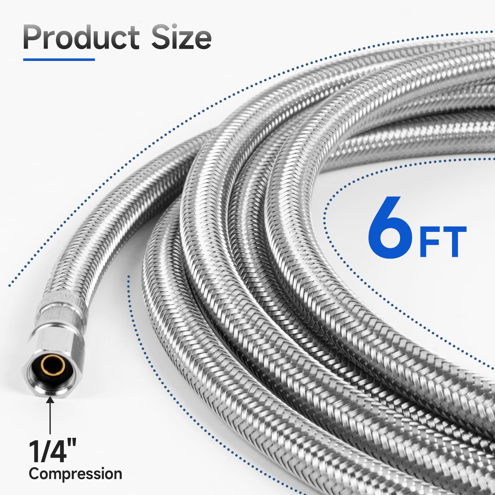 6 FT Stainless Steel Refrigerator Water Line - 1/4 Inch Braided Ice Maker Hose Connector for Fridge Water Supply | Perfect for Home Kitchen, RV & Office Refrigerators