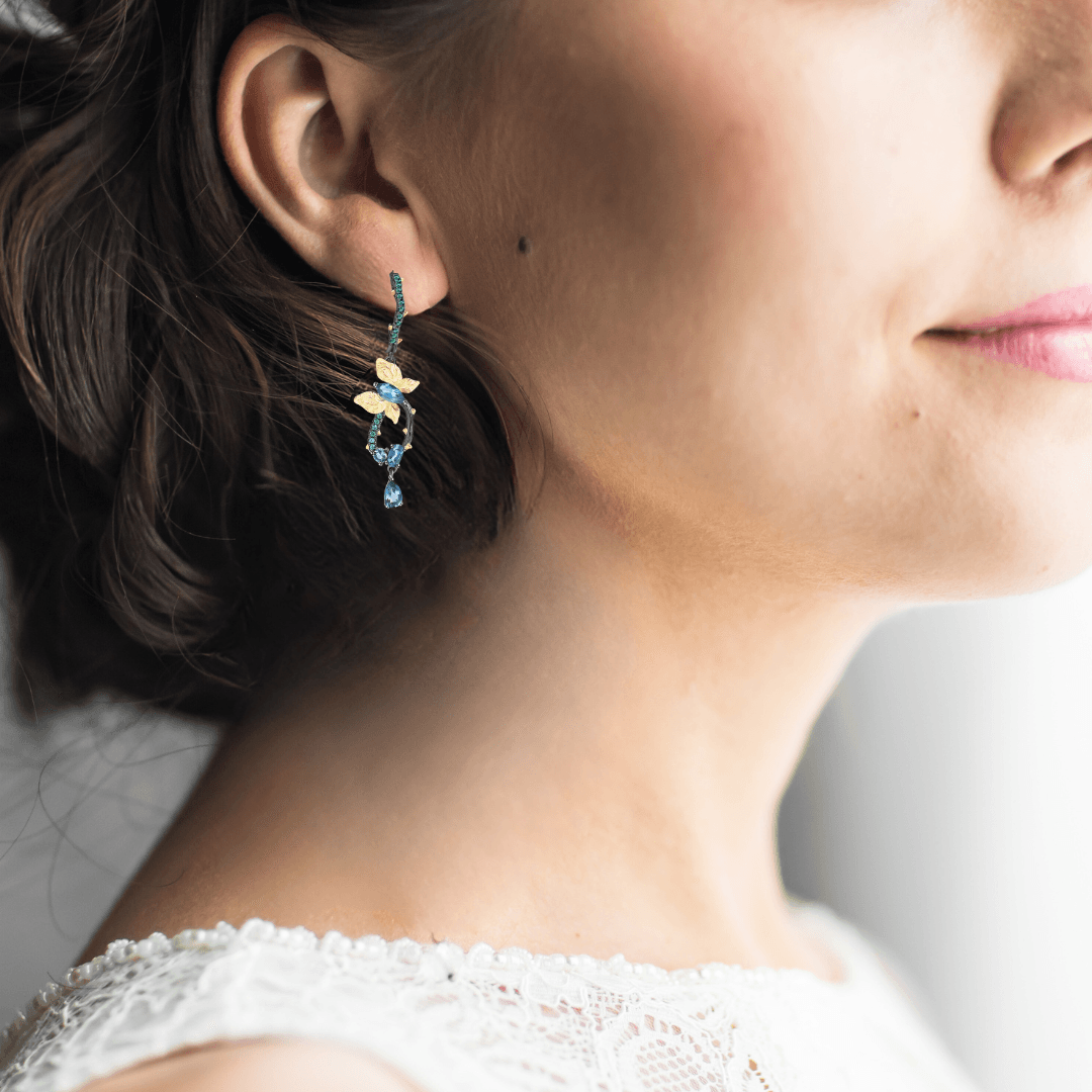 Blue Topaz Gold Plated Butterfly Earrings for Women - Elegant Dangle Ear Jewelry for Party, Wedding & Gift Giving