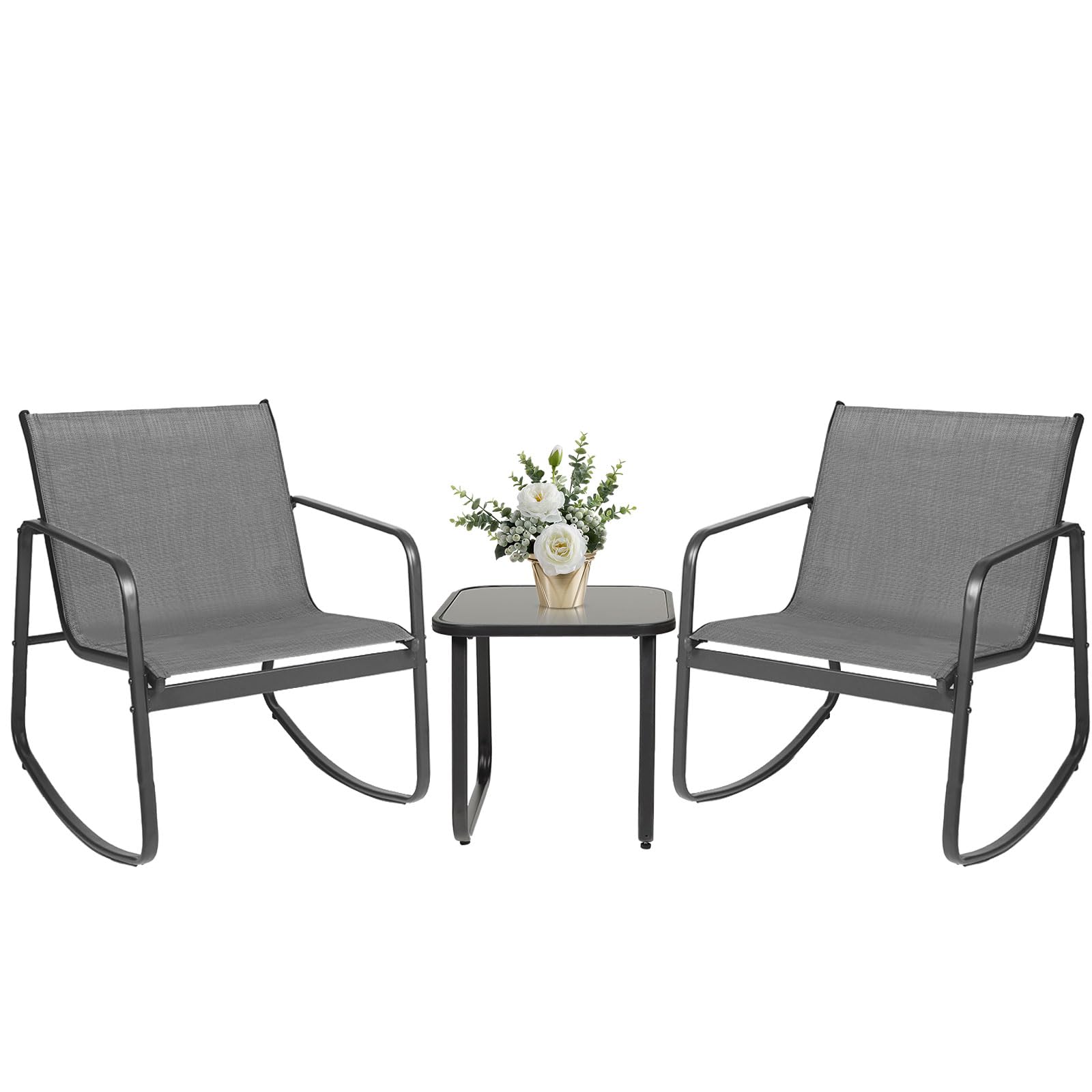 3 Piece Outdoor Rocking Bistro Set - Textilene Fabric Patio Furniture with Table - Front Porch Rocker Chairs for Lawn, Garden, Balcony & Poolside - Grey - Perfect for Relaxing, Entertaining & Outdoor Dining