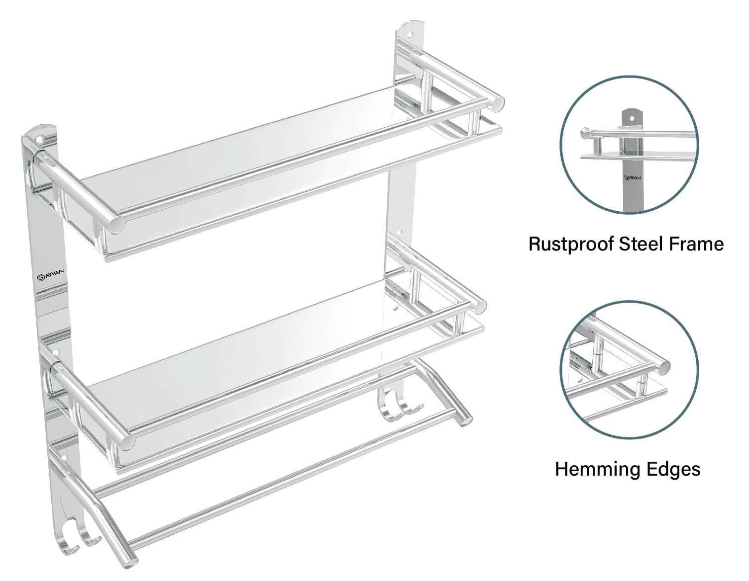 GRIVAN Stainless Steel Double Layer Bathroom Shelf with Towel Rod - Wall Mount Organizer for Bathroom Storage, Chrome Finish - Perfect for Small Spaces, Shower Caddies & Bath Accessories Organization
