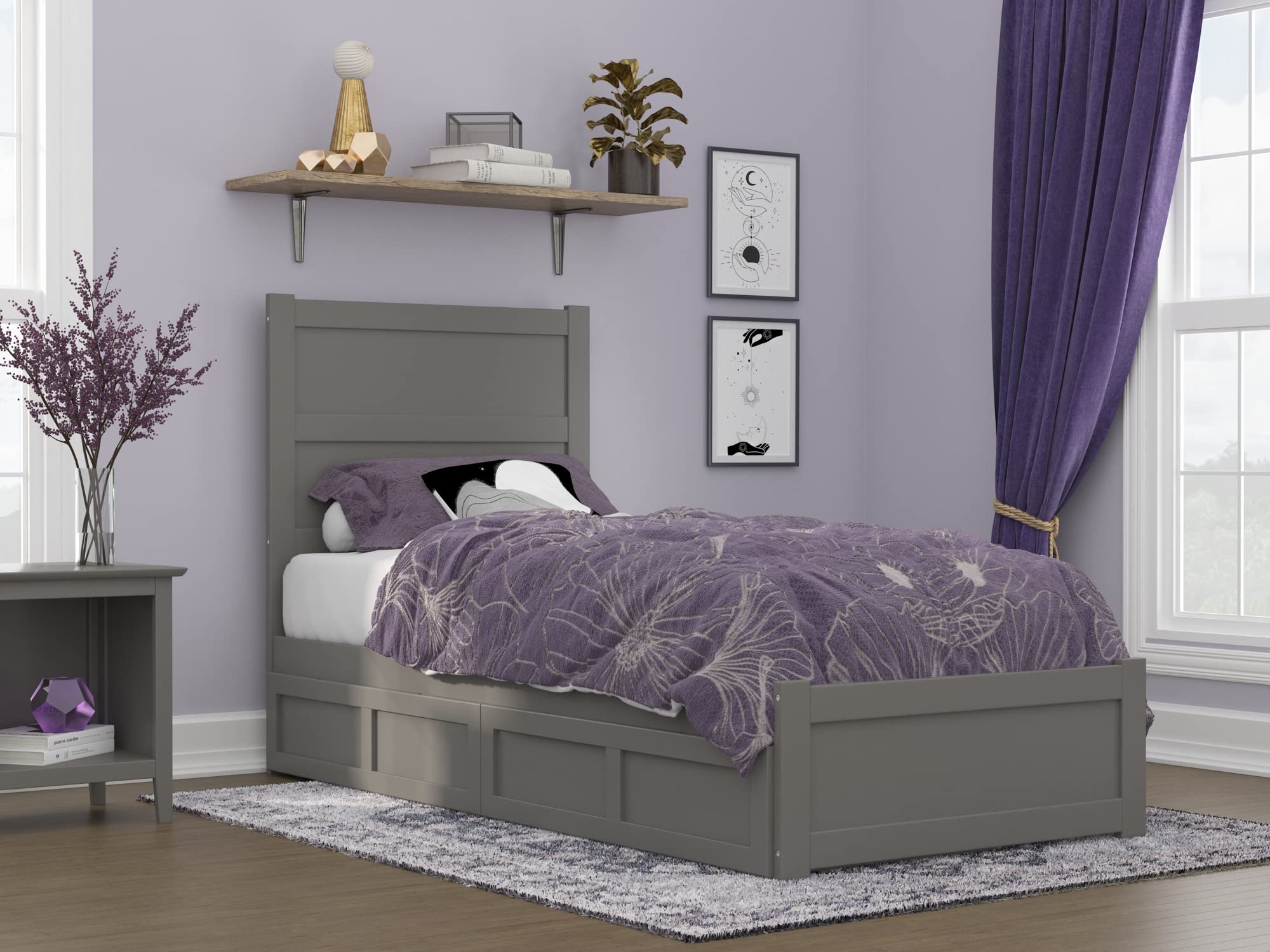 AFI NoHo Twin XL Size Platform Bed with Footboard & Storage Drawers in Grey - Space-Saving Bedroom Furniture for Small Apartments, Dorms & Guest Rooms