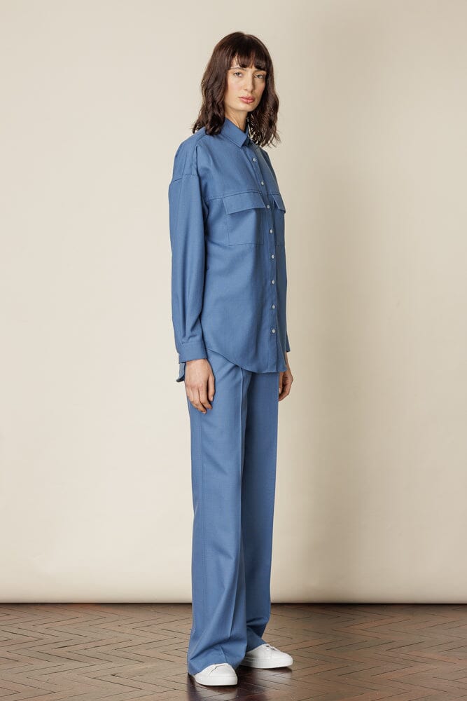 Naomi Utility Shirt | Wedgewood Blue Wool Button-Up Top for Women | Perfect for Office Wear, Casual Outfits & Fall Layering