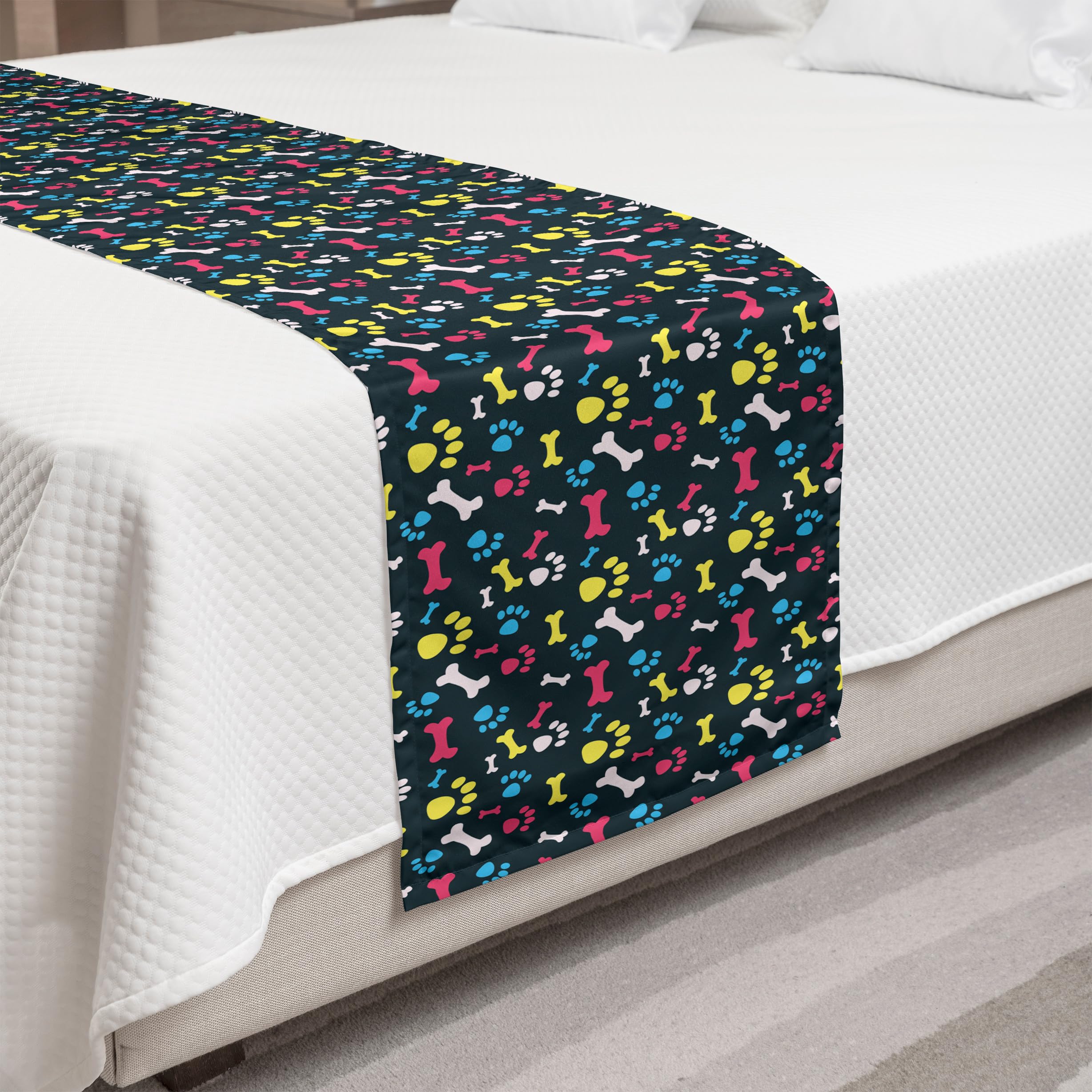 Ambesonne Dog Lover Bed Runner - Abstract Paw Prints & Bones Design, Decorative Bed Scarf for Home, Hotel & Guest Room Decor - Multicolor | Perfect for Pet-Themed Bedrooms & Cozy Home Styling