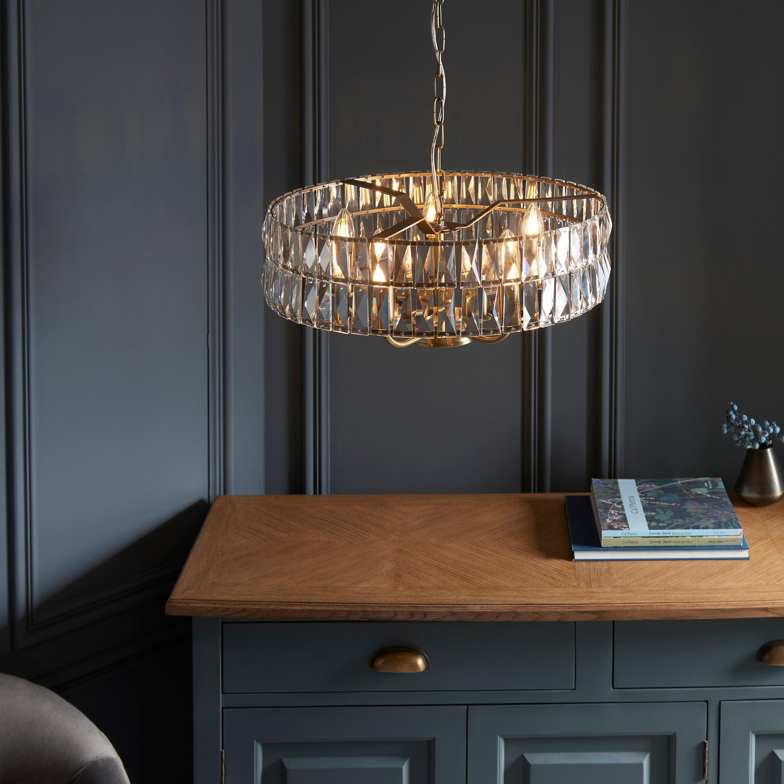 Clifton 5-Light Brass & Clear Cut Glass Pendant Chandelier - Elegant Dining Room Lighting Fixture for Kitchen Island or Entryway