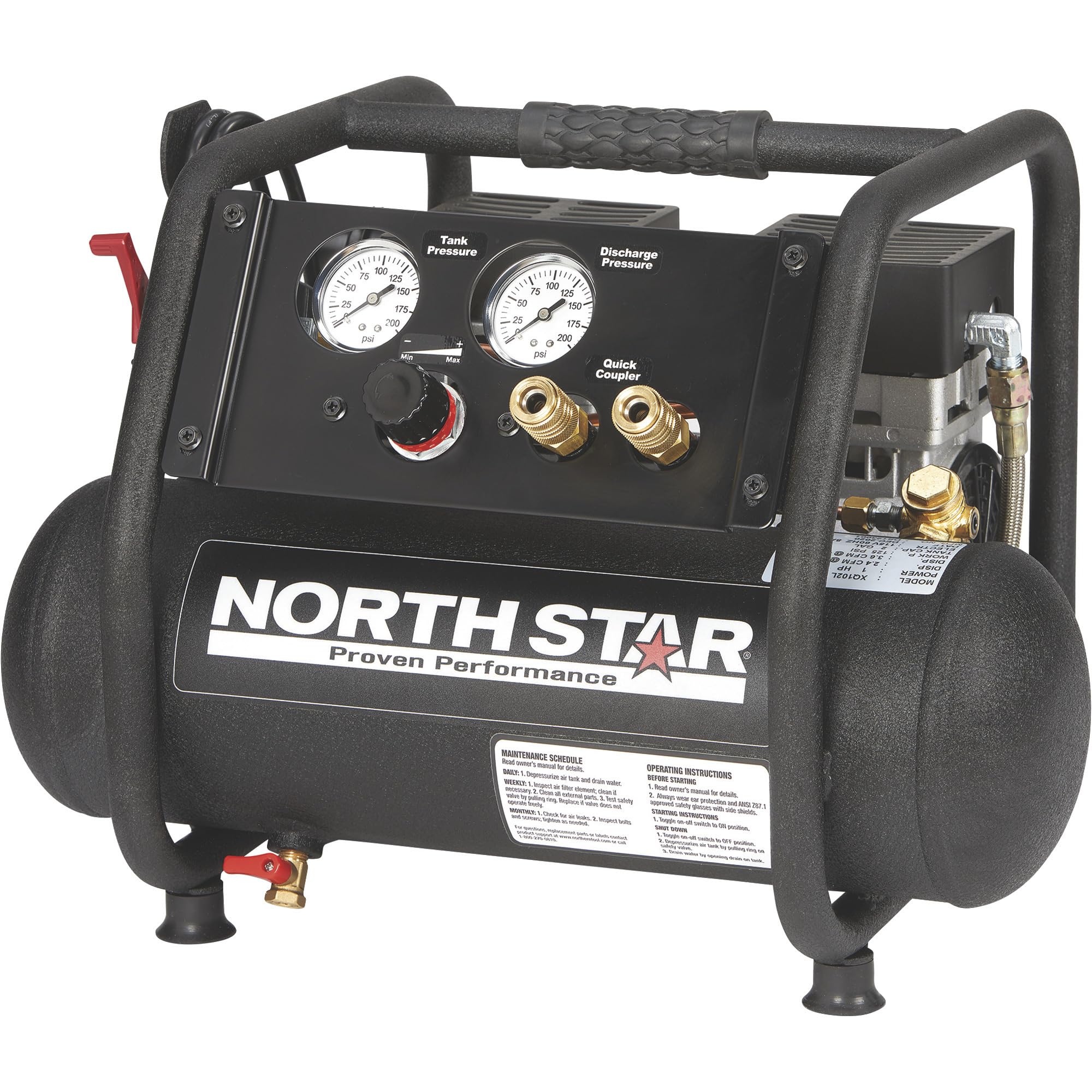 NorthStar Portable Electric Air Compressor - 1 HP, 2-Gallon Tank, Super Quiet Oil-Free Pump, 2.4 CFM @ 90 PSI - Perfect for Inflating Tires, Powering Air Tools, and DIY Projects at Home or Jobsite