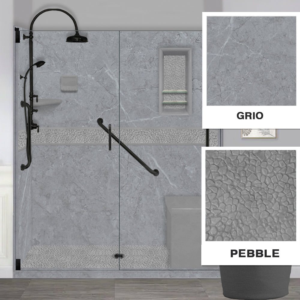 Freedom Grio Marble Pebble Alcove Shower Enclosure Kit - Waterproof Bathroom Shower Panel System with Natural Stone Design for Modern Home & Spa Renovation