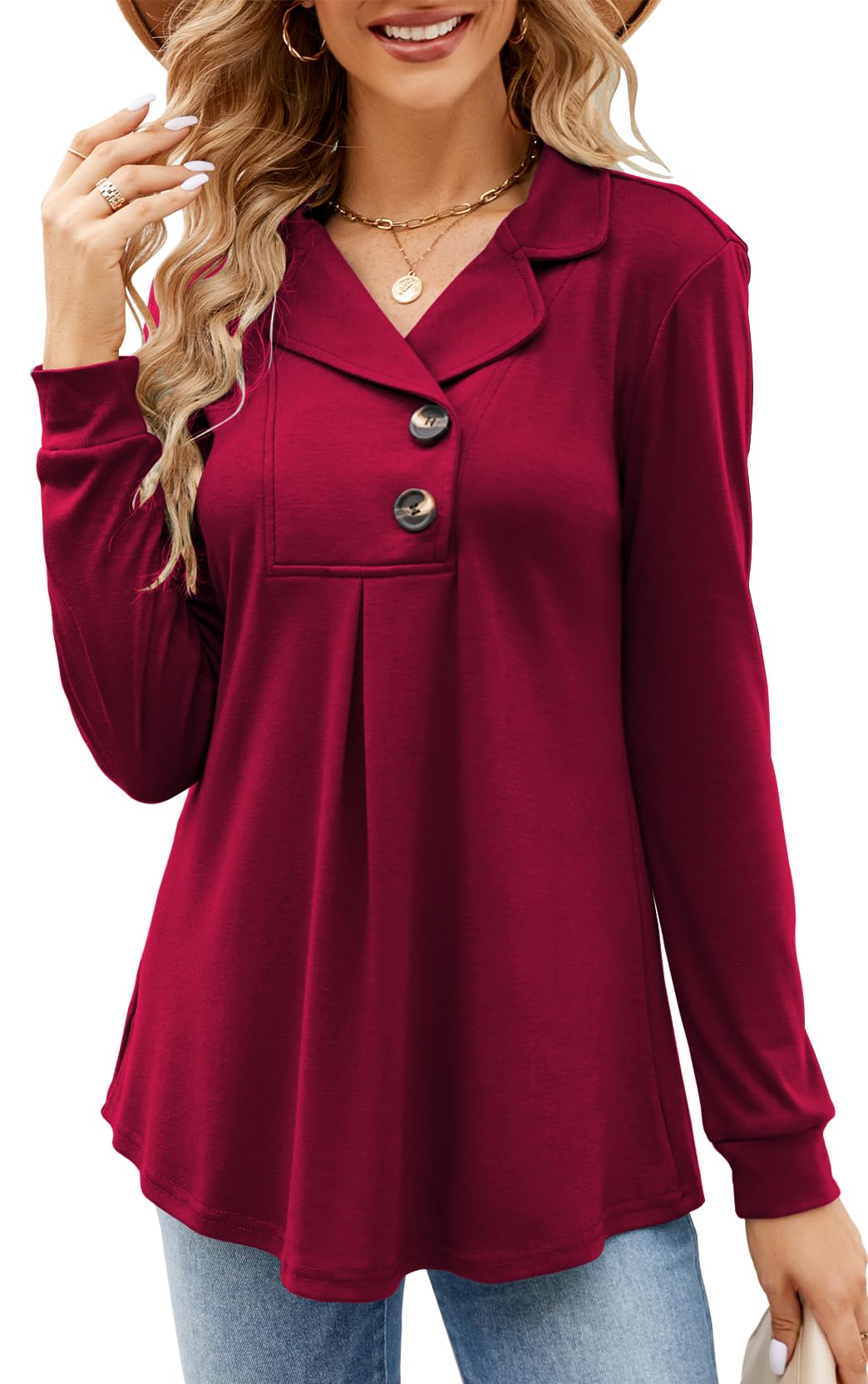 Newchoice Women's Long Sleeve Tunic Tops for Leggings - Casual Notch Collar Button Front Pullover Sweatshirt Shirt - Perfect for Work, Yoga & Everyday Wear