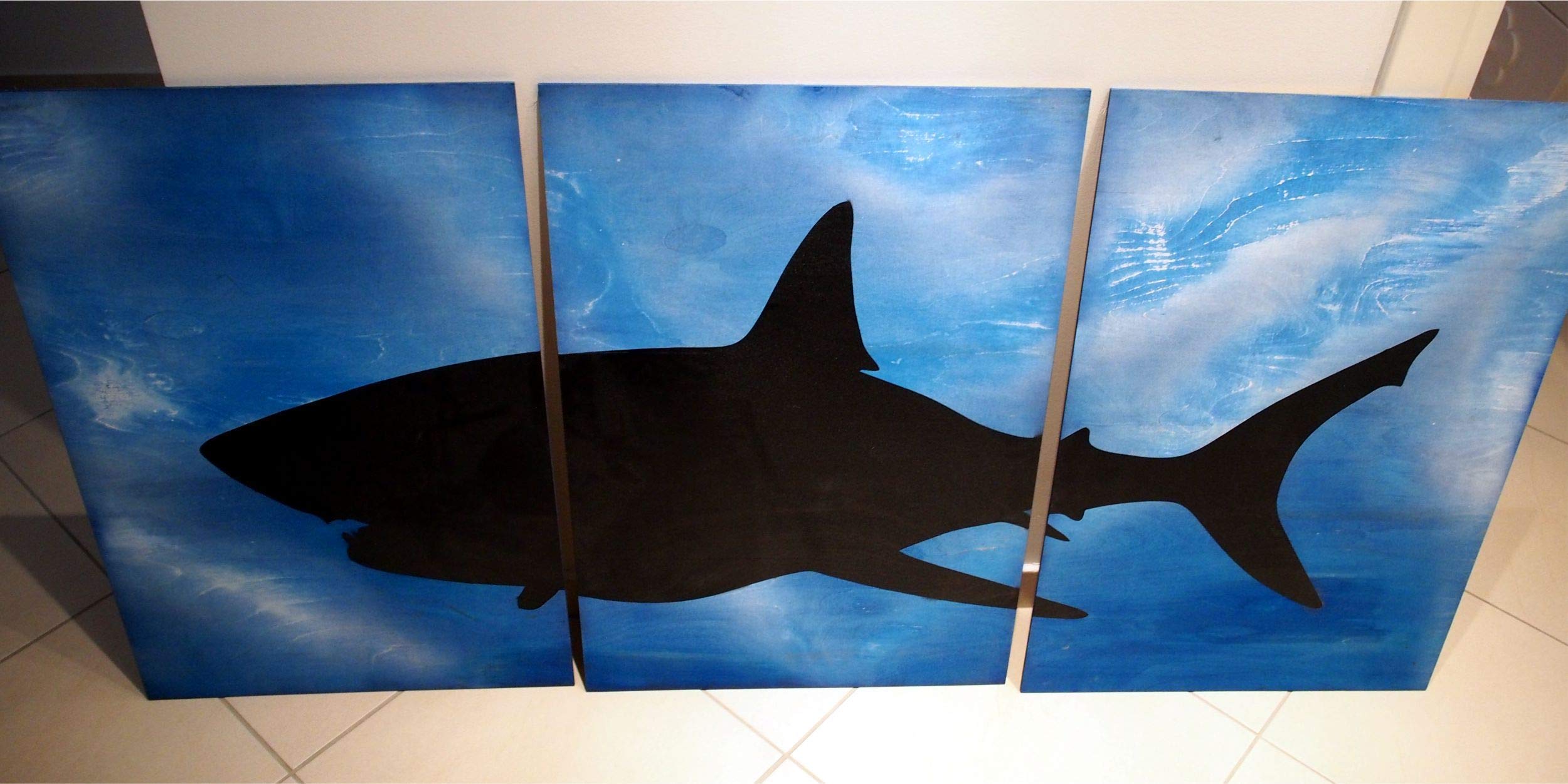 Handmade Great White Shark Ocean Deep Blue Wood Wall Art Painting - 30