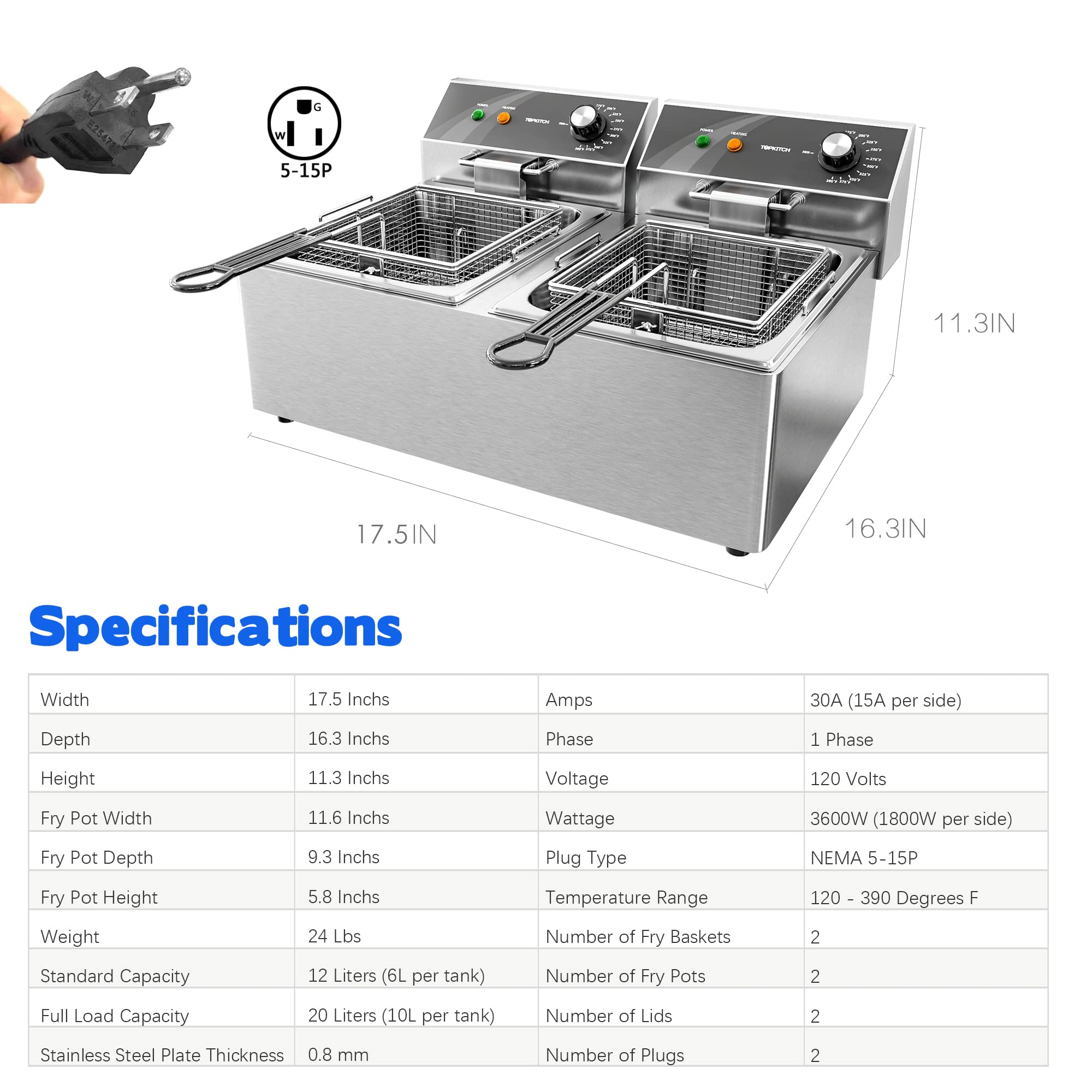 Commercial Stainless Steel Dual Tank Electric Deep Fryer - 10L x 2 (21.2QT) Capacity with 2 Baskets - 3600W 120V Countertop Deep Fryer for Restaurants, Fast Food Shops & Home Kitchen - Perfect for Frying Chicken, Fish, French Fries & Donuts