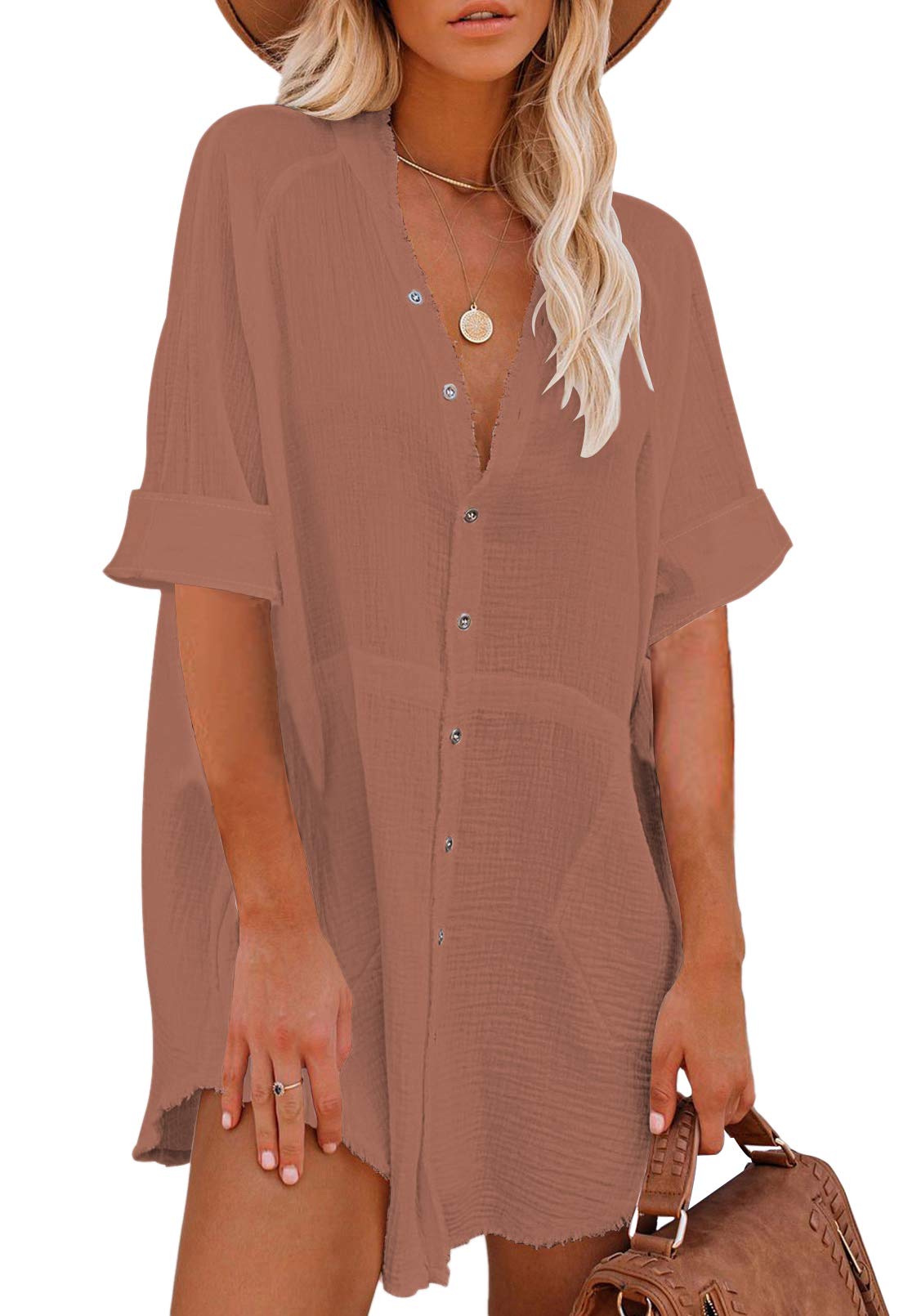 Pink Queen Women's V-Neck Long Sleeve Button Down Blouse Tunic Shirt Mini Dress with Pockets - Elegant Office Wear & Casual Outfit for Work, Date Night and Special Occasions