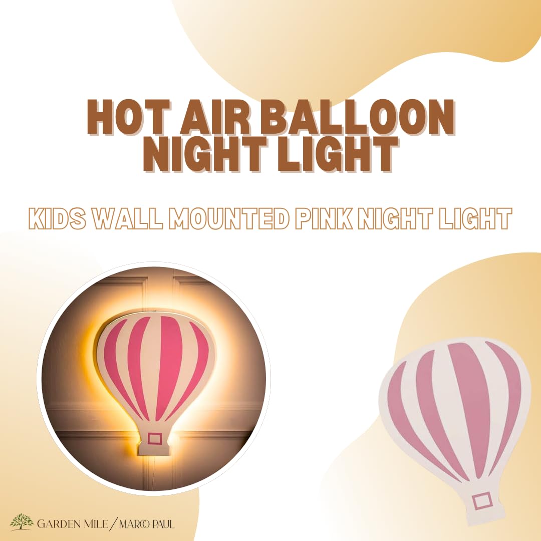 Marco Paul Modern Wooden White LED Night Light - Battery Powered Wall Mounted Nursery Lamp for Kids Room, Baby Gifts & Bedroom Decor - Perfect for Night Feedings, Bedside Lighting & Nursery Wall Decor (Pink Hot Air Balloon)