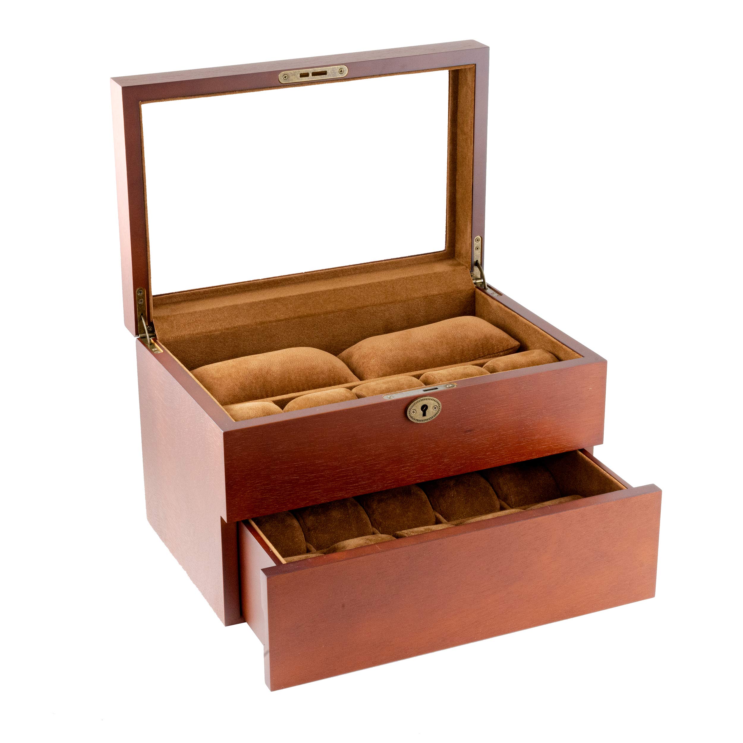 Vintage Wooden Clear Glass Top Watch Box - Holds 20+ Watches with Adjustable Soft Pillows & Deep Slots for Larger Watches | Luxury Watch Storage & Display Case for Collectors, Jewelry Organizer for Dresser, Travel Watch Case