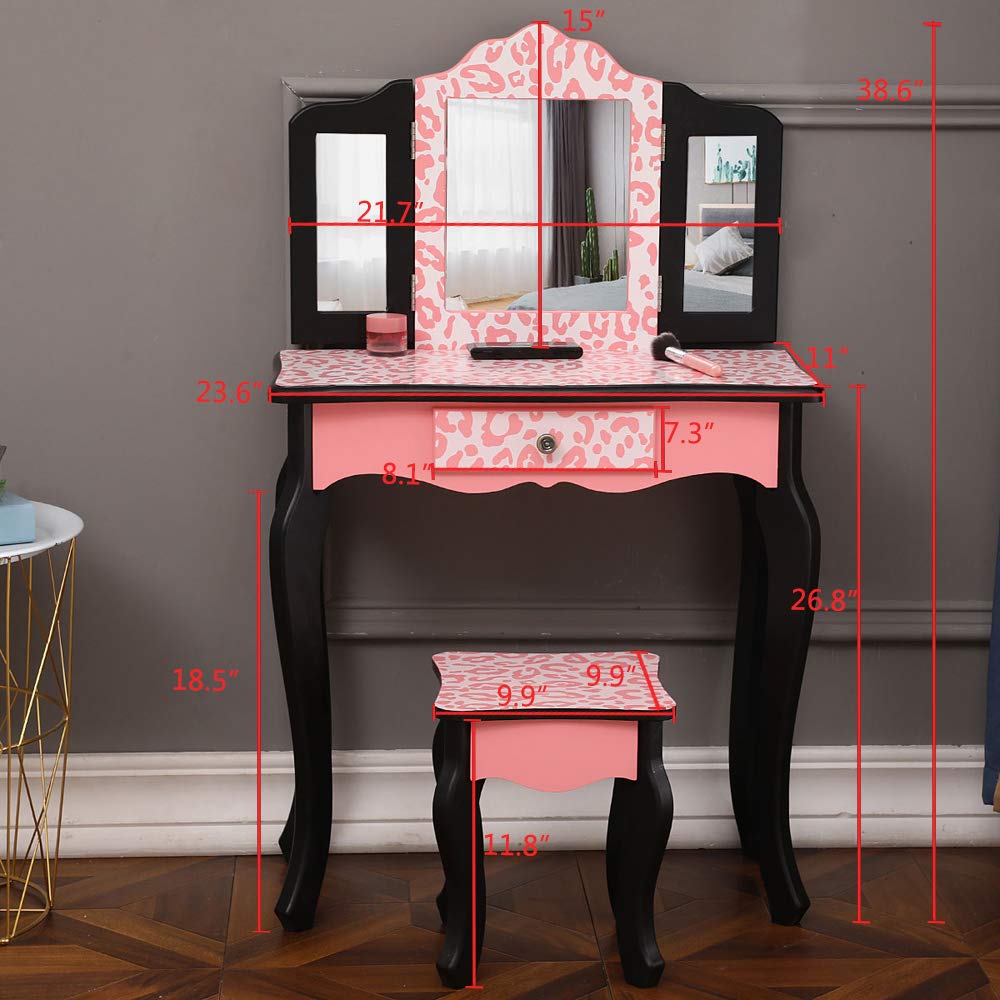 Vasitelan Kids Vanity Set with Mirror & Drawers - Little Girls Makeup Dressing Table with Stool, Folding Mirror for Bedroom | Perfect Birthday Gift for Toddlers & Princess Room Decor