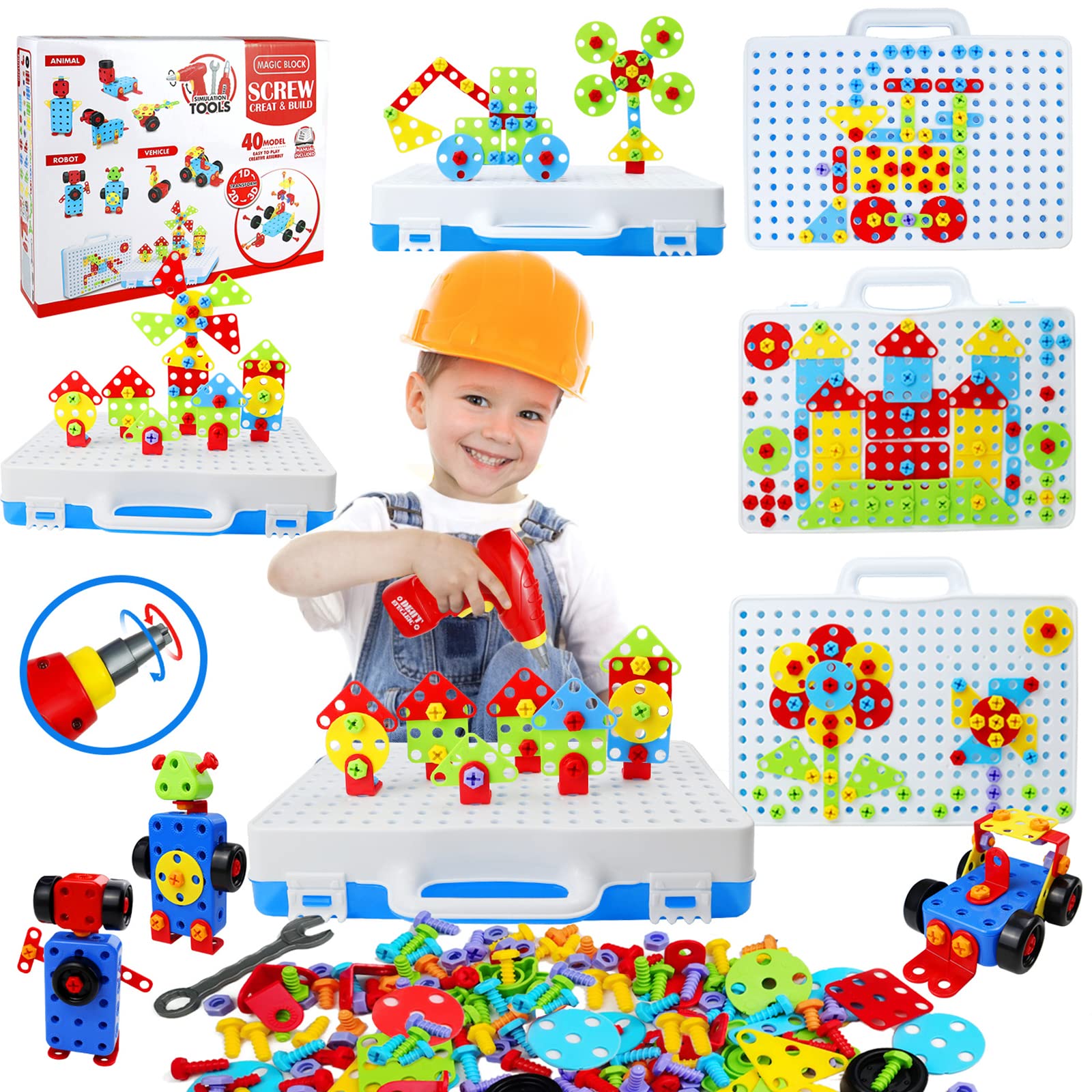 STEM Building Toys 232 Pcs - Electric Drill Construction Set for Kids Ages 3-8 | DIY Educational Engineering Kit with Mosaic Blocks | Creative Learning Gift for Boys & Girls | Perfect for Classroom STEM Activities & Home Playtime