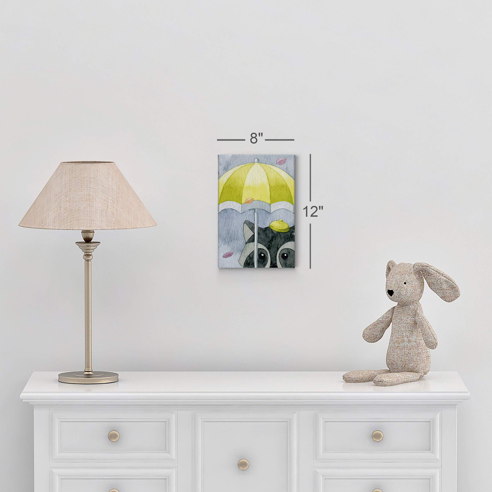 Smile Art Design Cute Raccoon Umbrella Painting - Gray Background Autumn Theme Canvas Print - Kids Room Decor, Nursery Wall Art - Ready to Hang 36x24 - Made in USA - Perfect for Baby Shower Gifts & Children's Bedroom Decoration