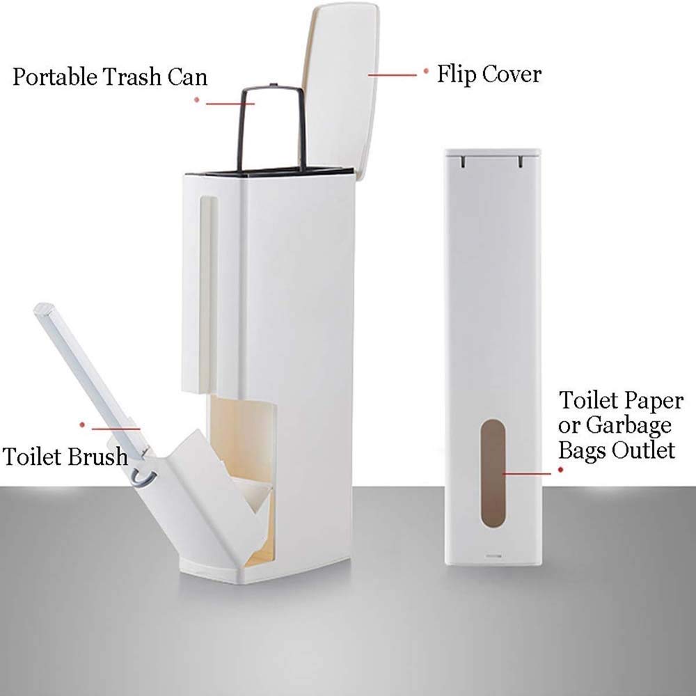 Multi-Functional Toilet Brush Set with Flip Handle, Liner Trash Can & Storage Box - Wide Opening for Easy Cleaning - Bathroom Essentials for Home & Commercial Use (Brown) - Perfect for Small Spaces, Apartments & Guest Bathrooms