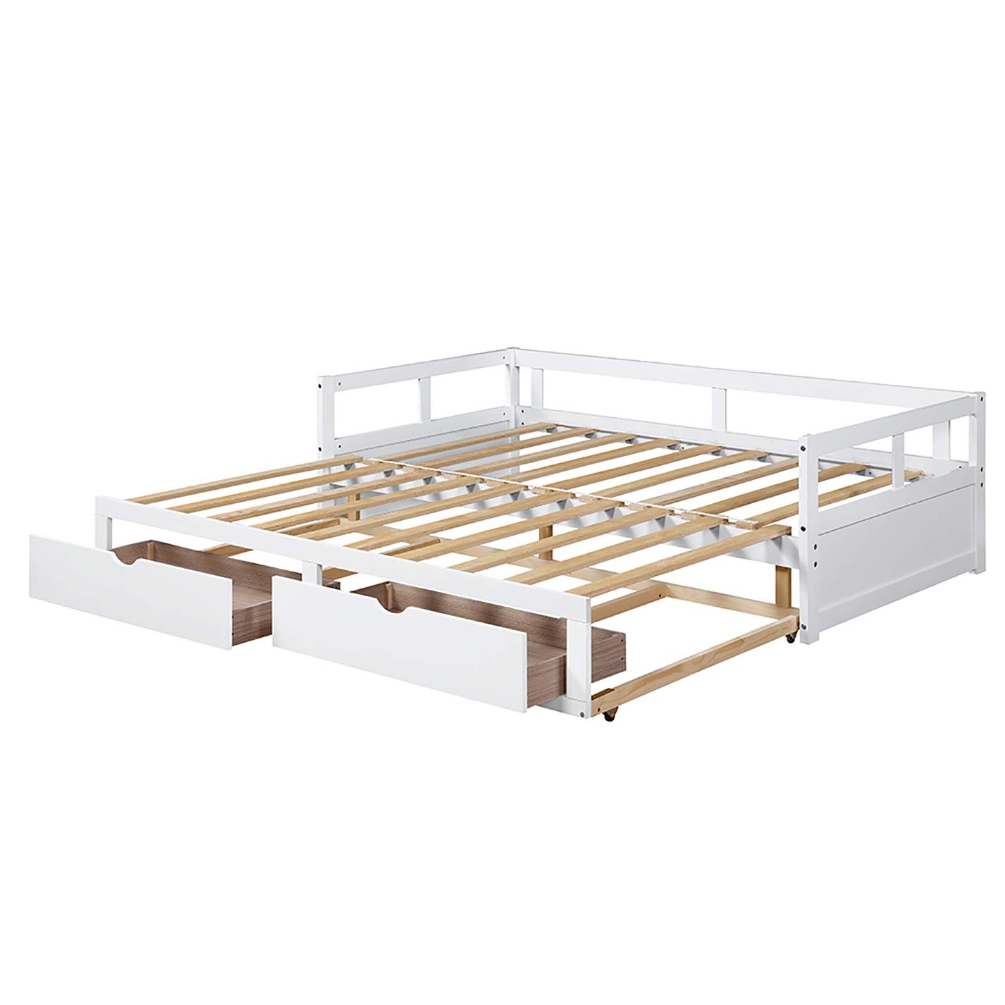 Merax White Wooden Daybed with Trundle & 2 Storage Drawers - Convertible Sofa Bed for Small Spaces, Guest Room & Living Room - Space-Saving Multi-Functional Furniture for Apartments, Dorms & Home Office
