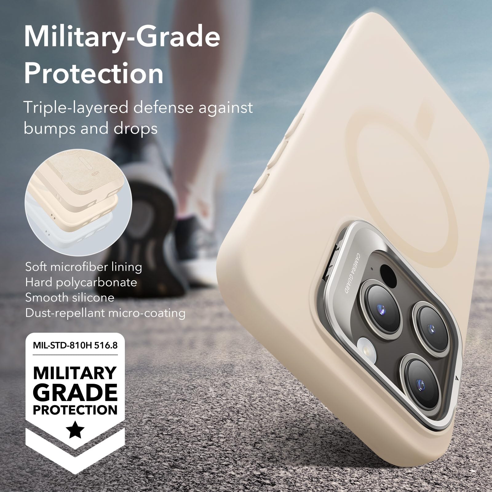 ESR for iPhone 15 Pro Case with MagSafe - Military-Grade Protective Silicone Cover with Stand & Built-in Camera Stash | Magnetic Phone Case for iPhone 15 Pro (Cloud Series, Light Tan) | Perfect for Work, Travel & Everyday Use