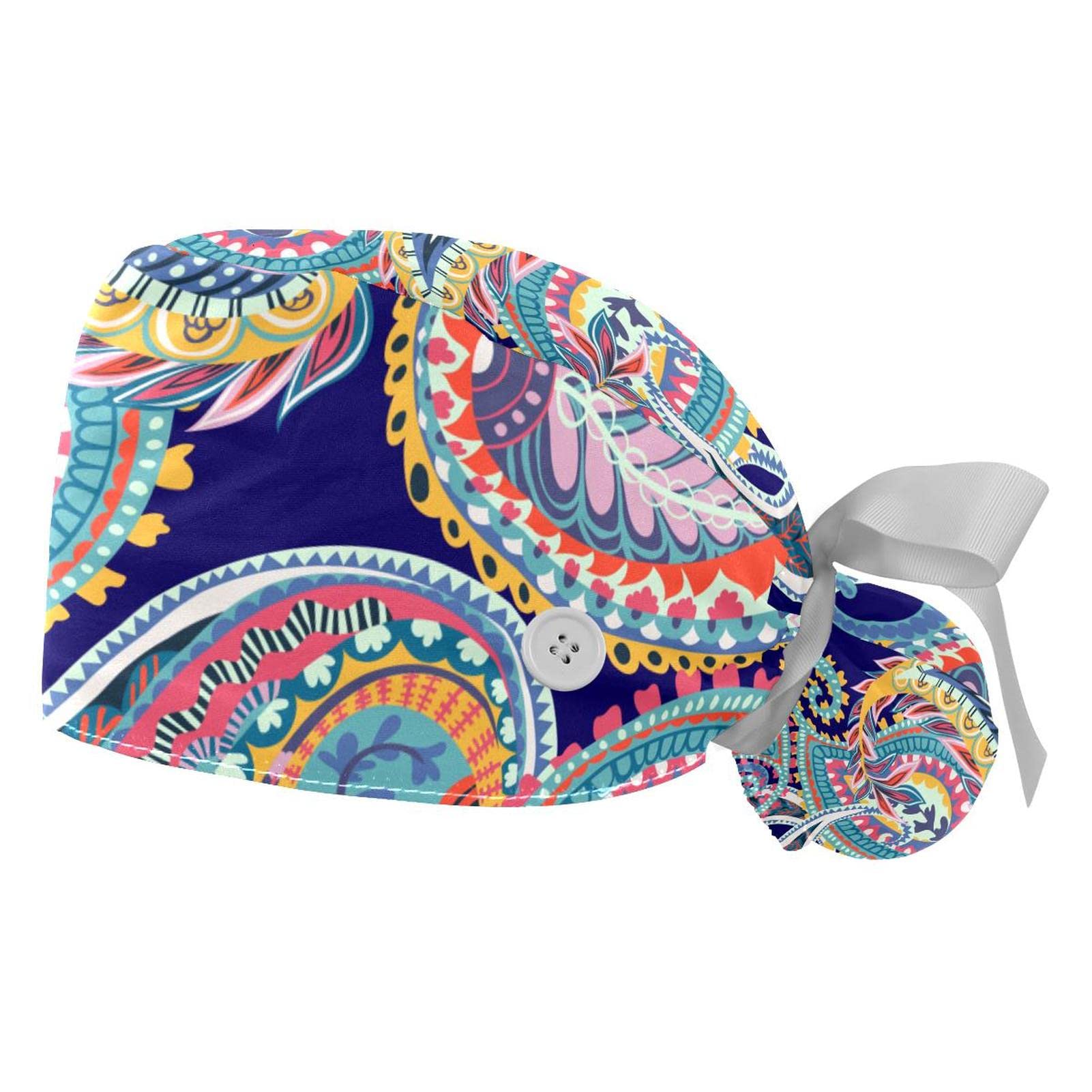2PCS Floral Paisley Print Adjustable Work Hats for Men & Women - Breathable Bouffant Caps with Sweatband for Kitchen, Salon, Hospital & Food Service Workers
