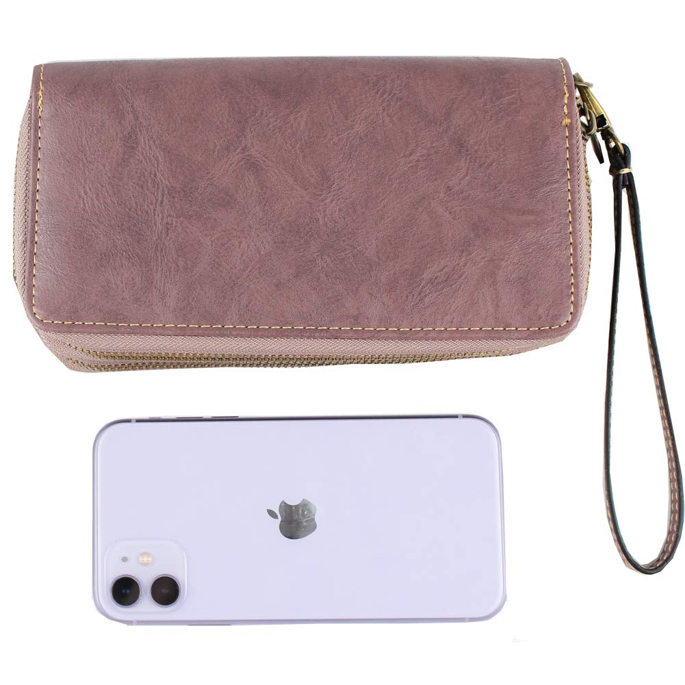 RFID Blocking Women's Long Clutch Wallet with Double Zipper & Hand Strap - Secure Card Holder for Cash, Coins, Bills & Smartphone (Grey Purple) | Perfect for Travel, Shopping & Everyday Use