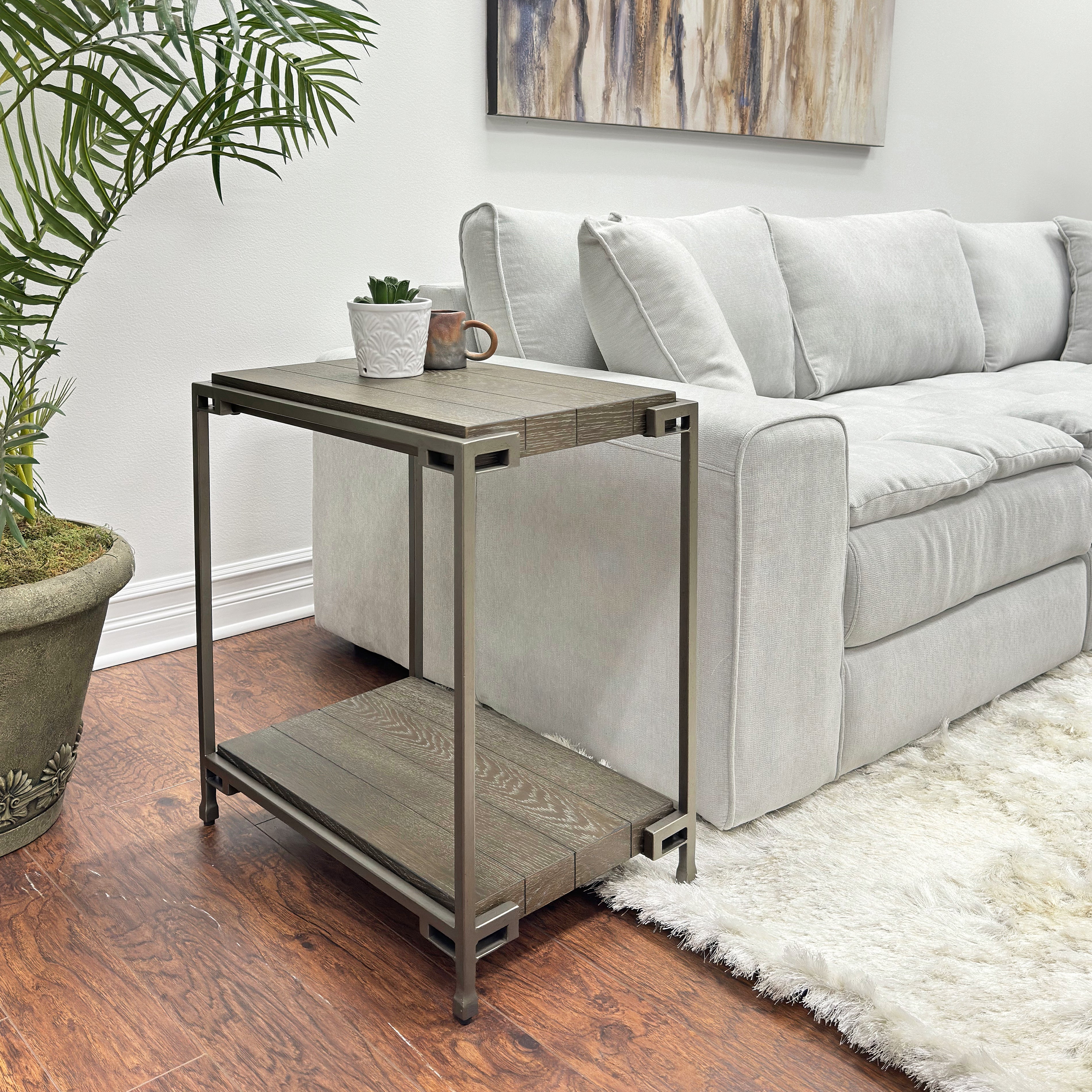 Roundhill Furniture Corbeta Metal Frame Wood Living Room Side Table with Shelf - Aged Graphite Finish - Perfect for Living Room, Bedroom, or Office Accent Table