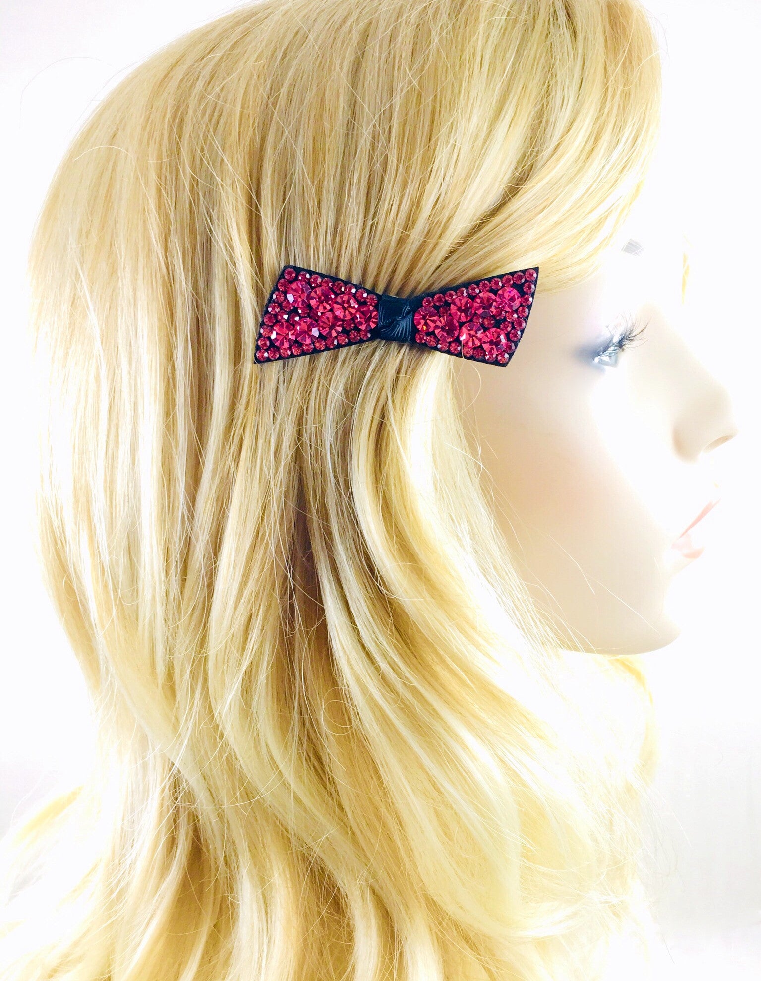 Swarovski Crystal Bow Knot Hair Clip - Elegant Acrylic Black Base with Hot Rose Pink Crystals | Perfect for Weddings, Parties & Everyday Glamour