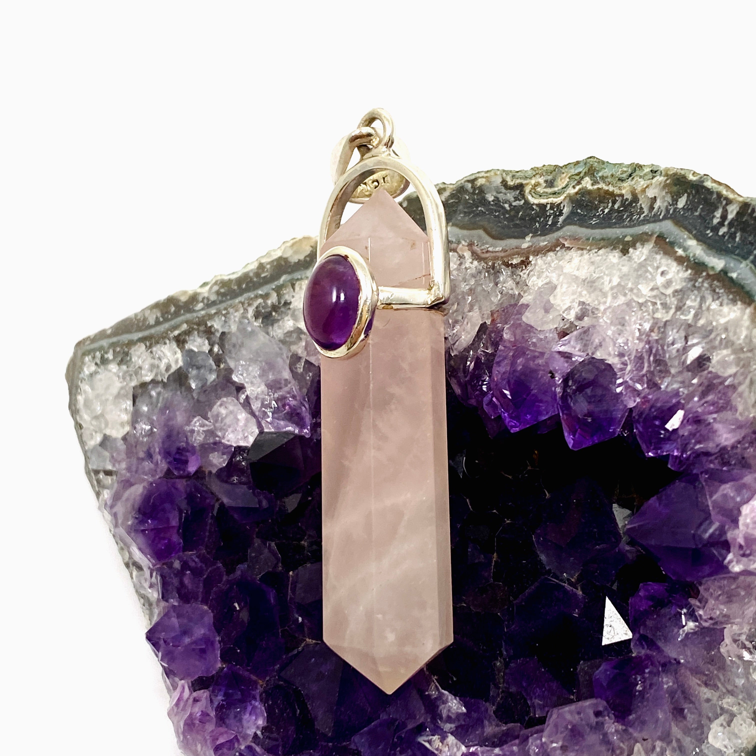 Natural Rose Quartz Double Point Pendant Necklace with Amethyst Accent Stone - PPGJ1023 | Healing Crystal Jewelry for Meditation, Energy Balancing & Spiritual Gifts