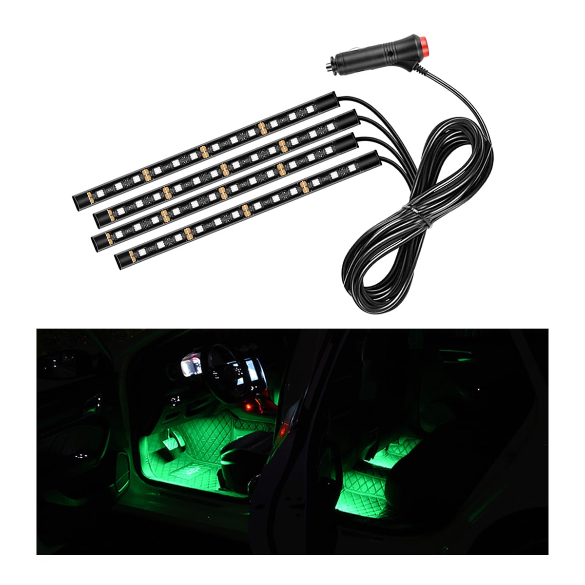 RGB LED Car Interior Strip Lights - 48 LED Auto Atmosphere Lighting Kit with Cigarette Lighter Power, Under Dash Ambient Night Light for Cars, Trucks & SUVs (Green) - Perfect for Interior Decoration, Mood Lighting & Night Driving