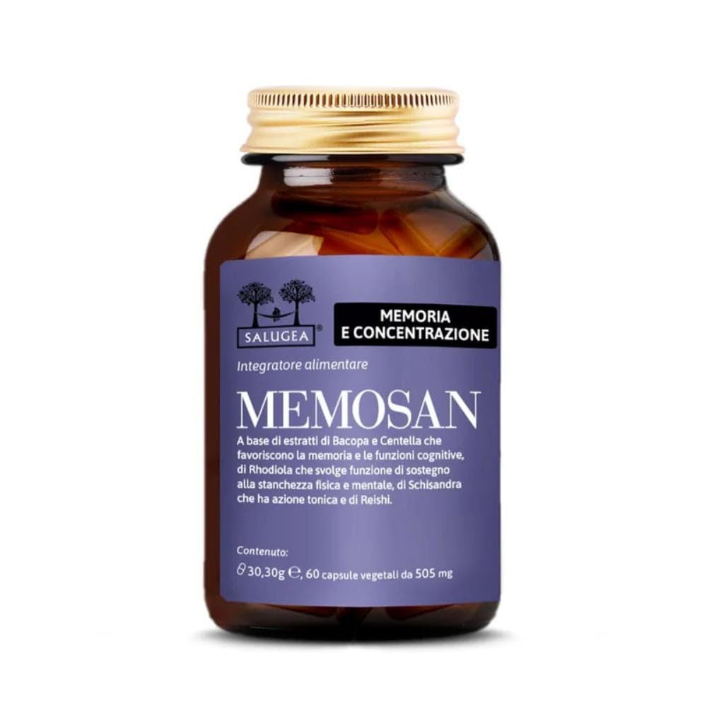 MEMOSAN Salugea - Natural Memory & Focus Supplement with Bacopa, Schisandra, Reishi, Rhodiola & Gotu Kola - 60 Vegan Capsules in Dark Glass Bottle - Brain Support for Students, Professionals & Seniors