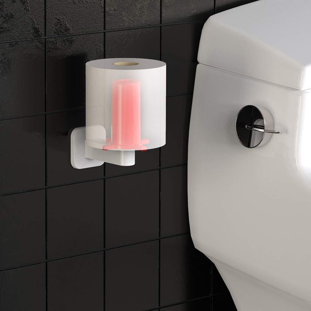 Gallity Self Adhesive Toilet Paper Holder - No Drill Wall Mounted Bathroom Tissue Roll Dispenser Storage Rack - White & Red Bathroom Organizer for Small Spaces - Perfect for Apartments, RVs and Powder Rooms