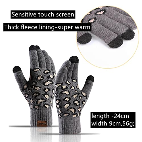 Men's & Women's Winter Leopard Print Beanie Hat, Scarf & Touchscreen Gloves Set - Fleece Lined Knit Skull Cap with Pompom - Perfect for Skiing, Snowboarding & Cold Weather Outdoors