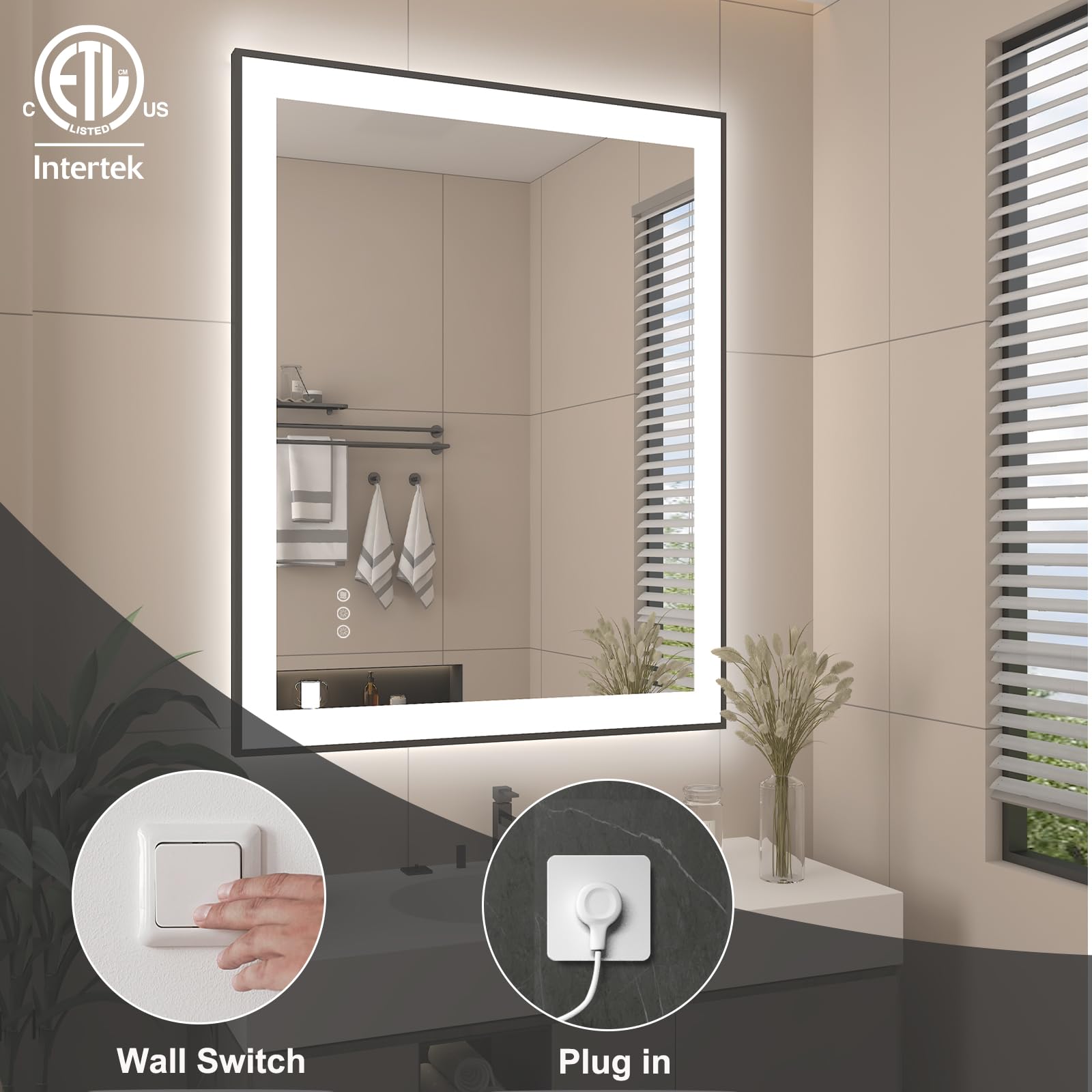 SMIROR 22x30 Inch LED Bathroom Mirror with Dimmable Front & Back Lighting - Anti-Fog, Shatterproof, Memory Function - Matte Black Framed Wall Mirror (Horizontal/Vertical Mounting) - Perfect for Vanity, Makeup, Shaving & Home Decor - ETL Certified
