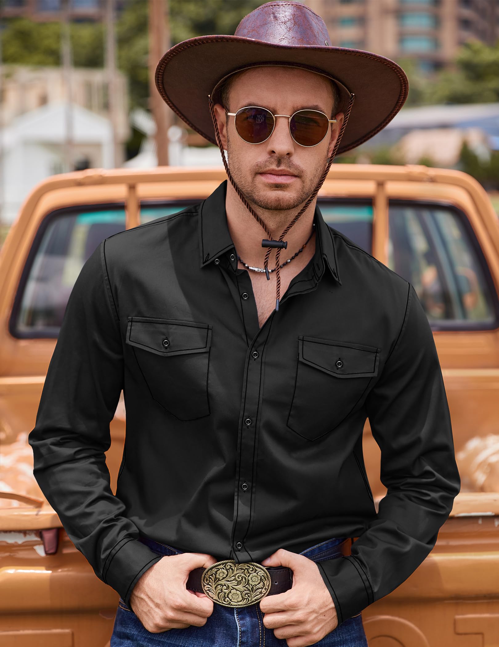 COOFANDY Men's Western Cowboy Shirts - 100% Cotton Long Sleeve Button Down Shirt with Two Front Pockets & Embroidered Design | Perfect for Rodeo, Country Music Festivals & Western Style Outfits