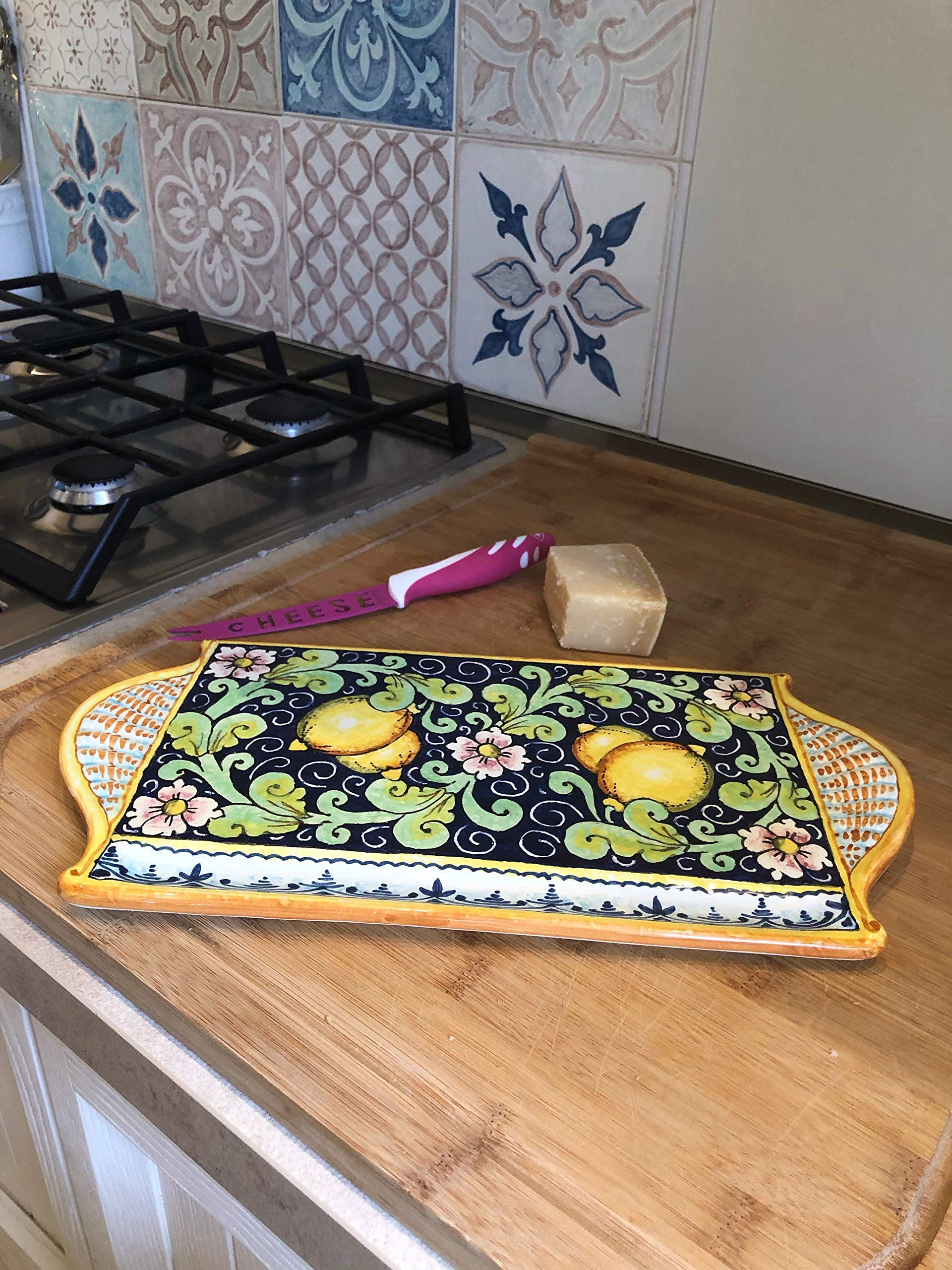 Italian Ceramic Cheese Tray - Hand Painted Tuscan Appetizer Plate with Lemon Design | Decorative Centerpiece for Cheese, Charcuterie & Entertaining | Made in Italy | CERAMICHE D'ARTE PARRINI
