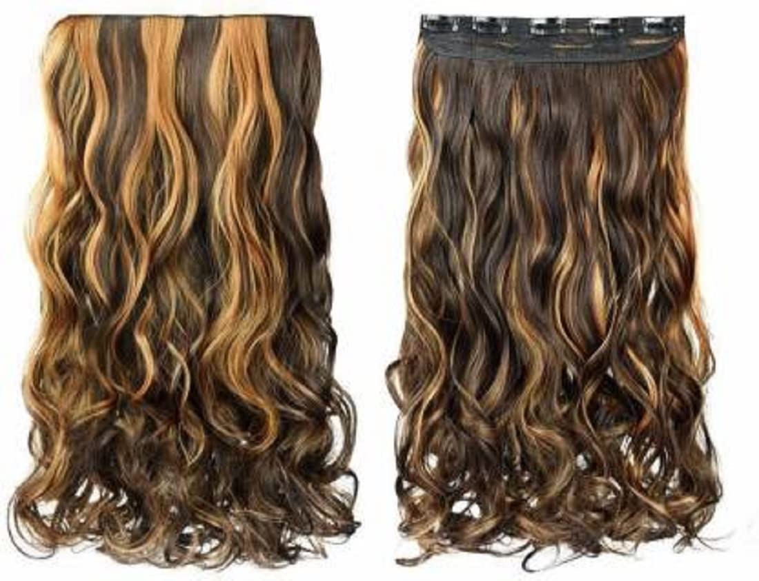 5 Clip 24 Inch Natural Brown Curly/Wavy Hair Extensions with Golden Highlights for Women - Long Human Hair Weave for Daily Wear & Special Occasions